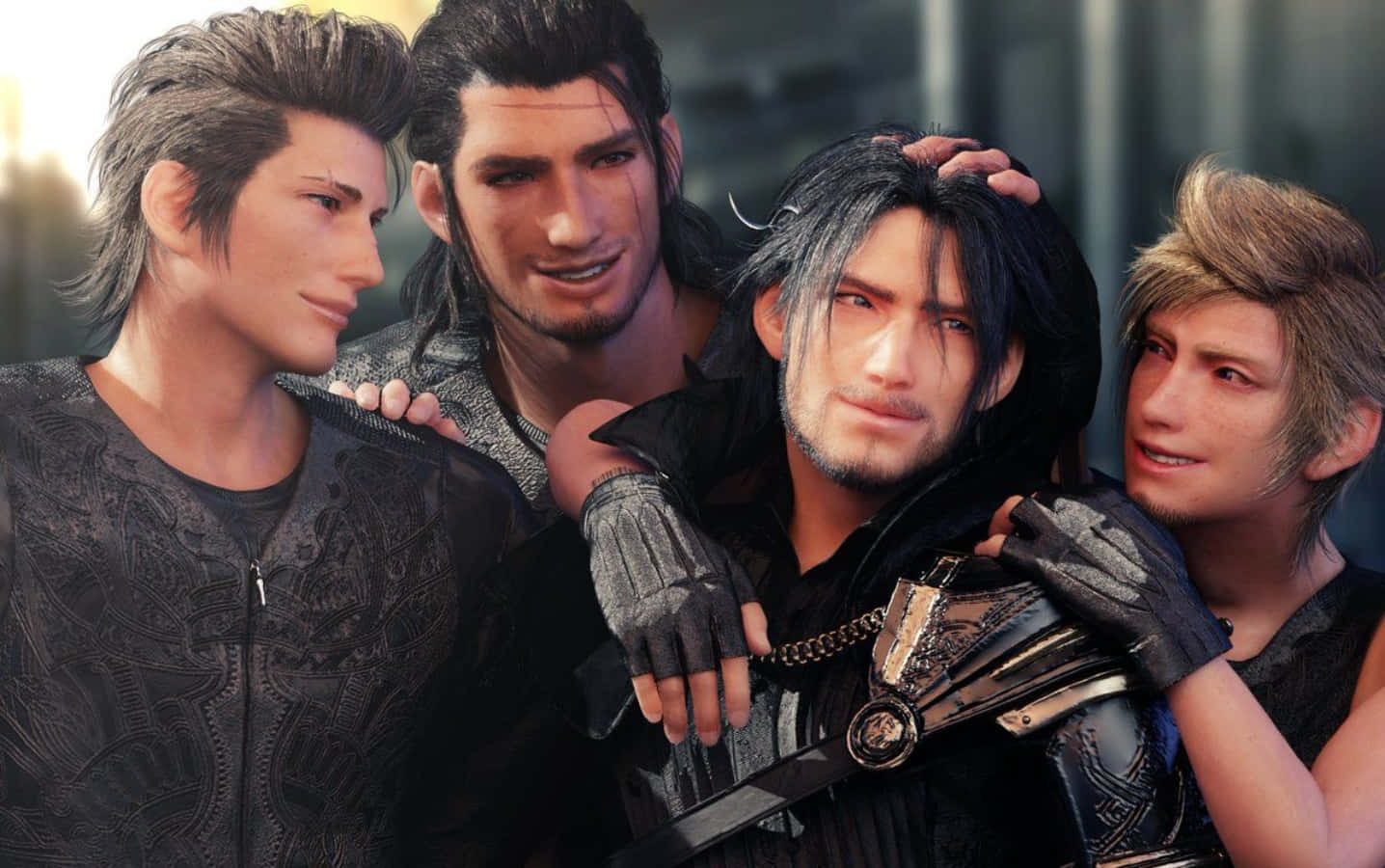 Final Fantasy Characters 桌布 壁紙 — 四個男性電子遊戲角色穿著深色細節服裝，自信地緊密站在一起。