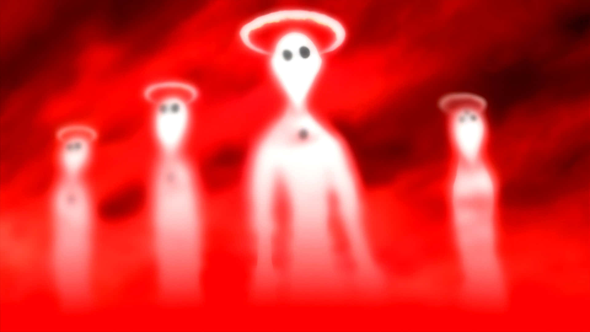 Adam Evangelion 桌布 壁紙 — 四個發光的白色天使般身影，帶有光環，站在火紅的迷霧中，模糊而空靈。