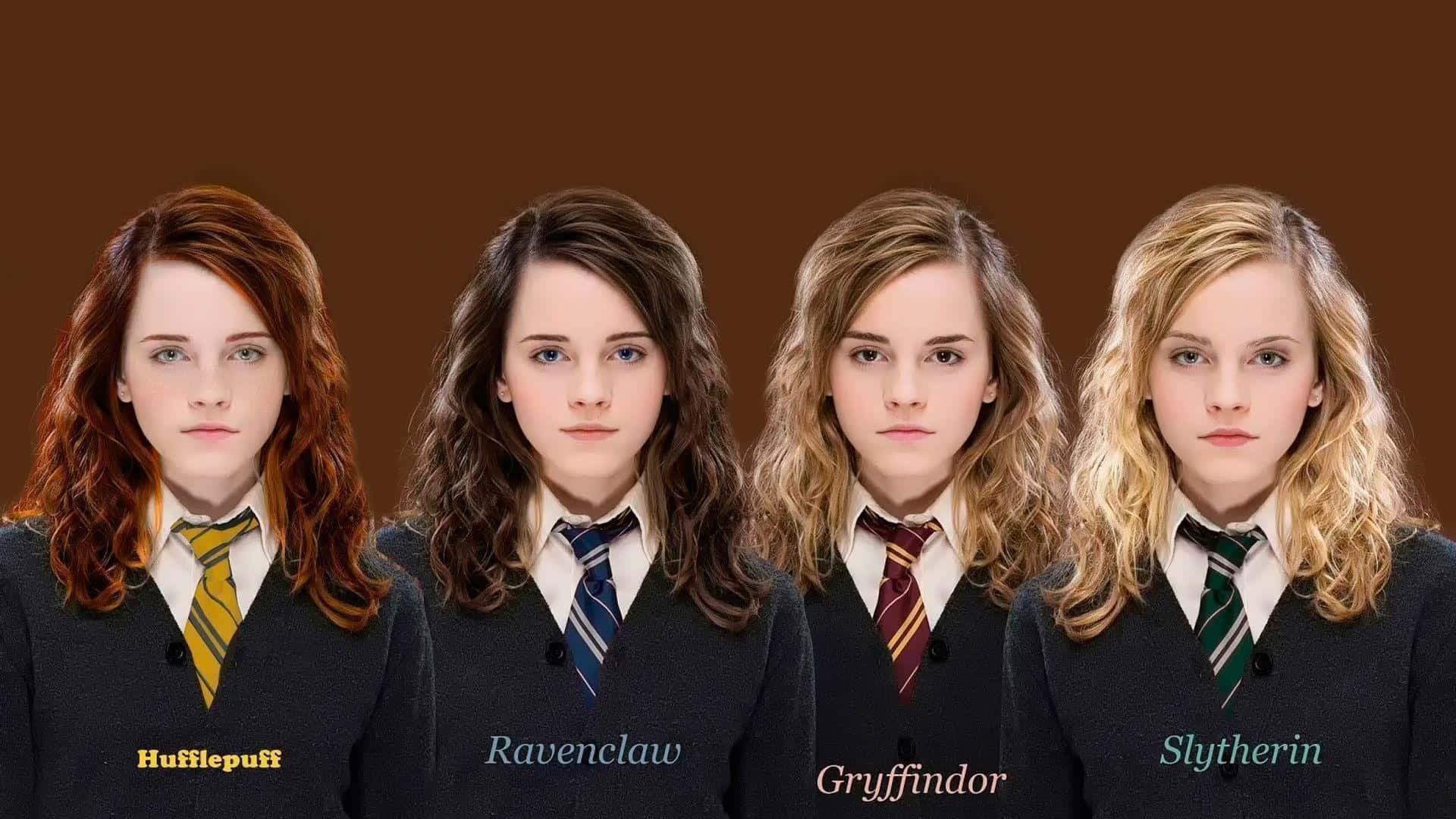 hufflepuff 桌布 壁紙 — 四個相同的肖像，描繪愛瑪·華生飾演的妙麗·格蘭傑穿著不同的霍格華茲學院制服，背景為純棕色。