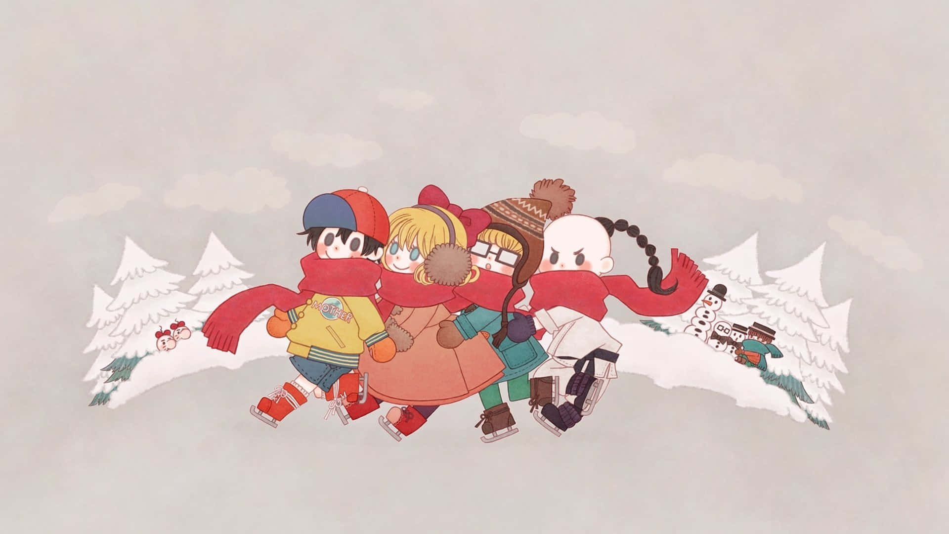Earthbound 桌布 壁紙 — 四個穿得暖和的動畫小孩在雪地上快樂地溜冰，背景有被雪覆蓋的樹木和一個雪人。