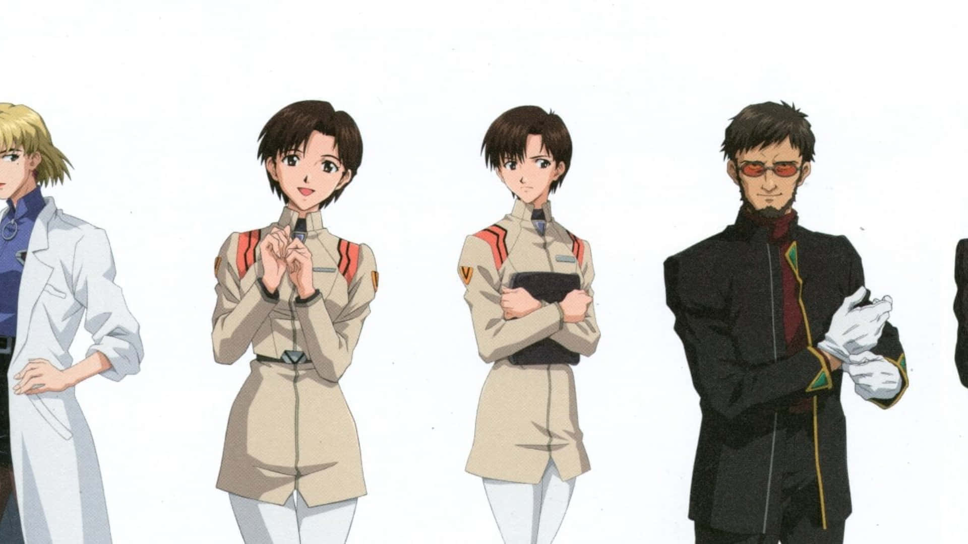 Maya Ibuki 桌布 壁紙 — 四個穿著不同制服嘅動漫角色企喺白色背景前，擺出各種姿勢同表情。