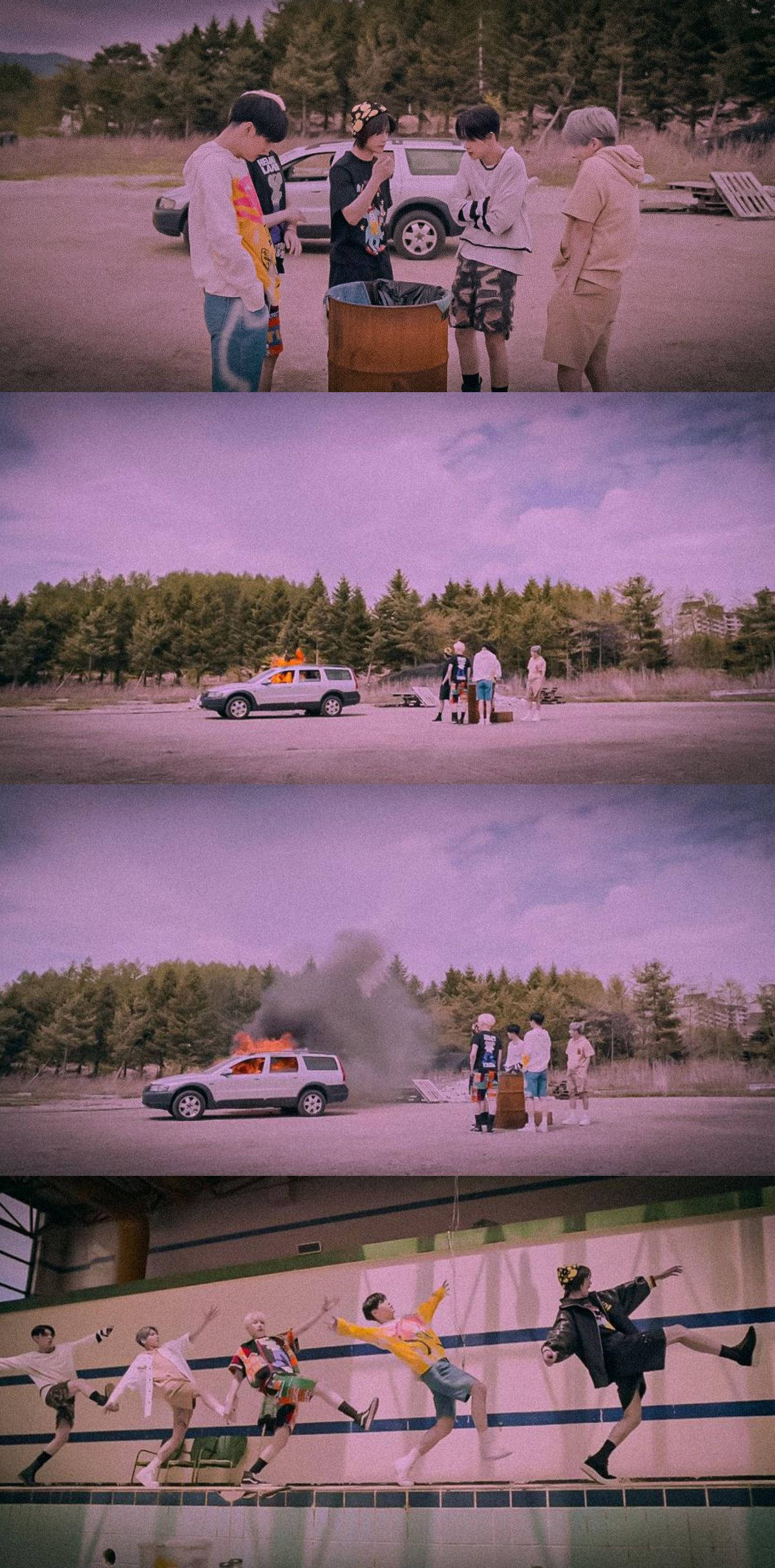 Tomorrow X Together 0X1=LOVESONG 壁紙 — 四個穿著休閒服的年輕男子站在一個樹木繁茂的停車場，圍著一輛燃燒中的汽車，天空呈紫色。