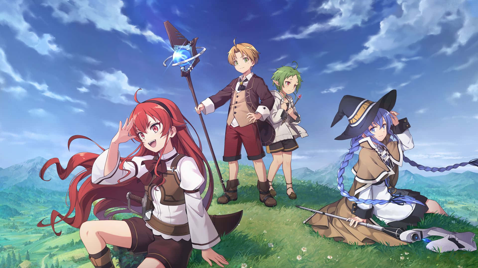 Mushoku Tensei 桌布 壁紙 — 四個穿著奇幻服裝的動漫角色在長滿青草的山丘上愉快地擺姿勢，背景是晴朗的藍天和蓬鬆的白雲。