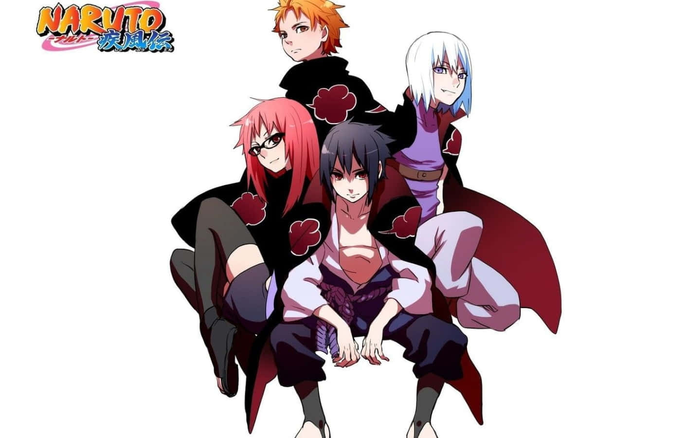 Akatsuki Ninja 桌布 壁紙 — 四個穿著曉組織斗篷的動漫角色在純白色背景前一起擺姿勢，角落有火影忍者標誌。