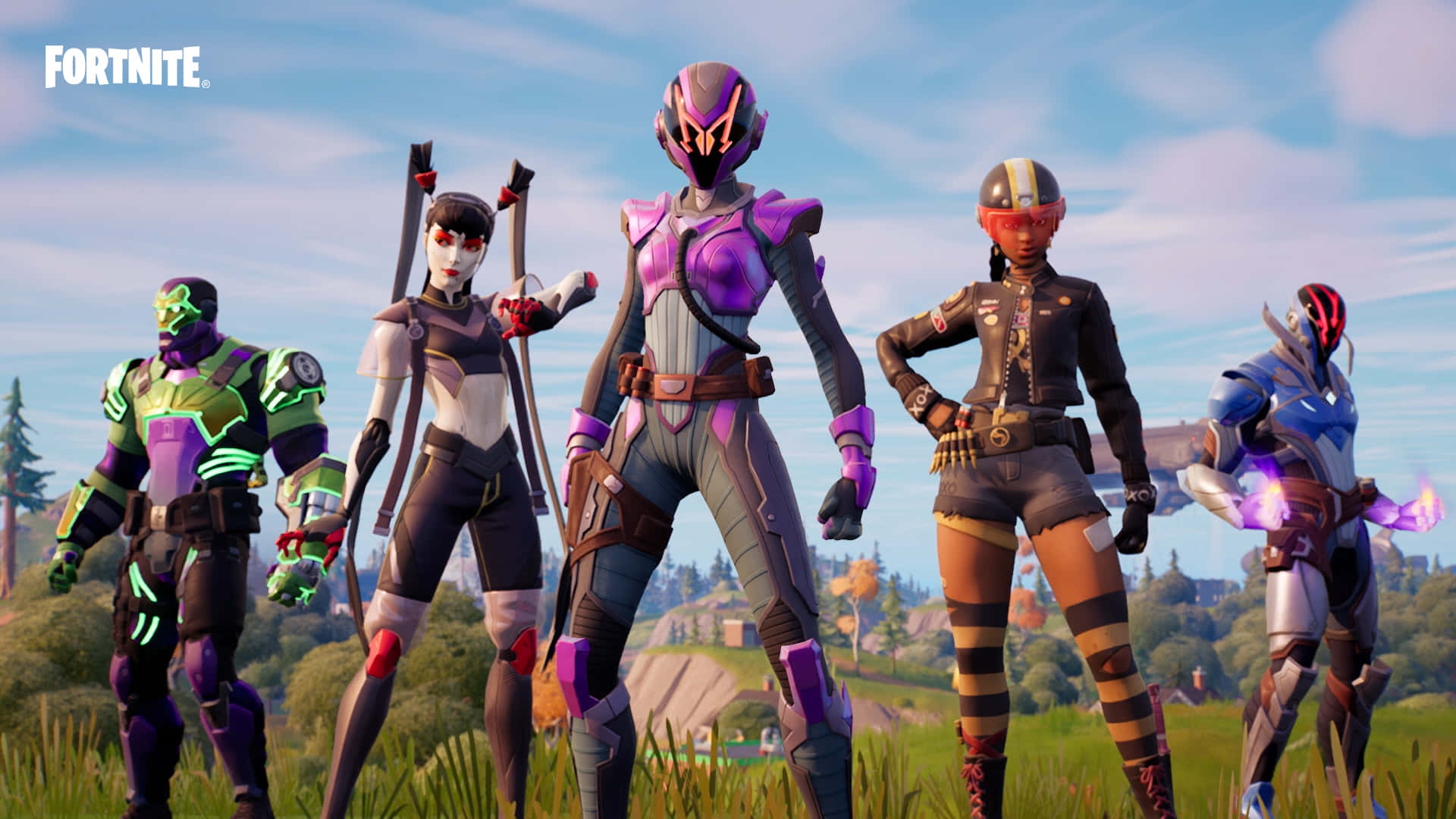 Action Game 桌布 壁紙 — 四個穿著未來風格盔甲的Fortnite角色，在明亮的藍天下自信地站在長滿草的山丘上。