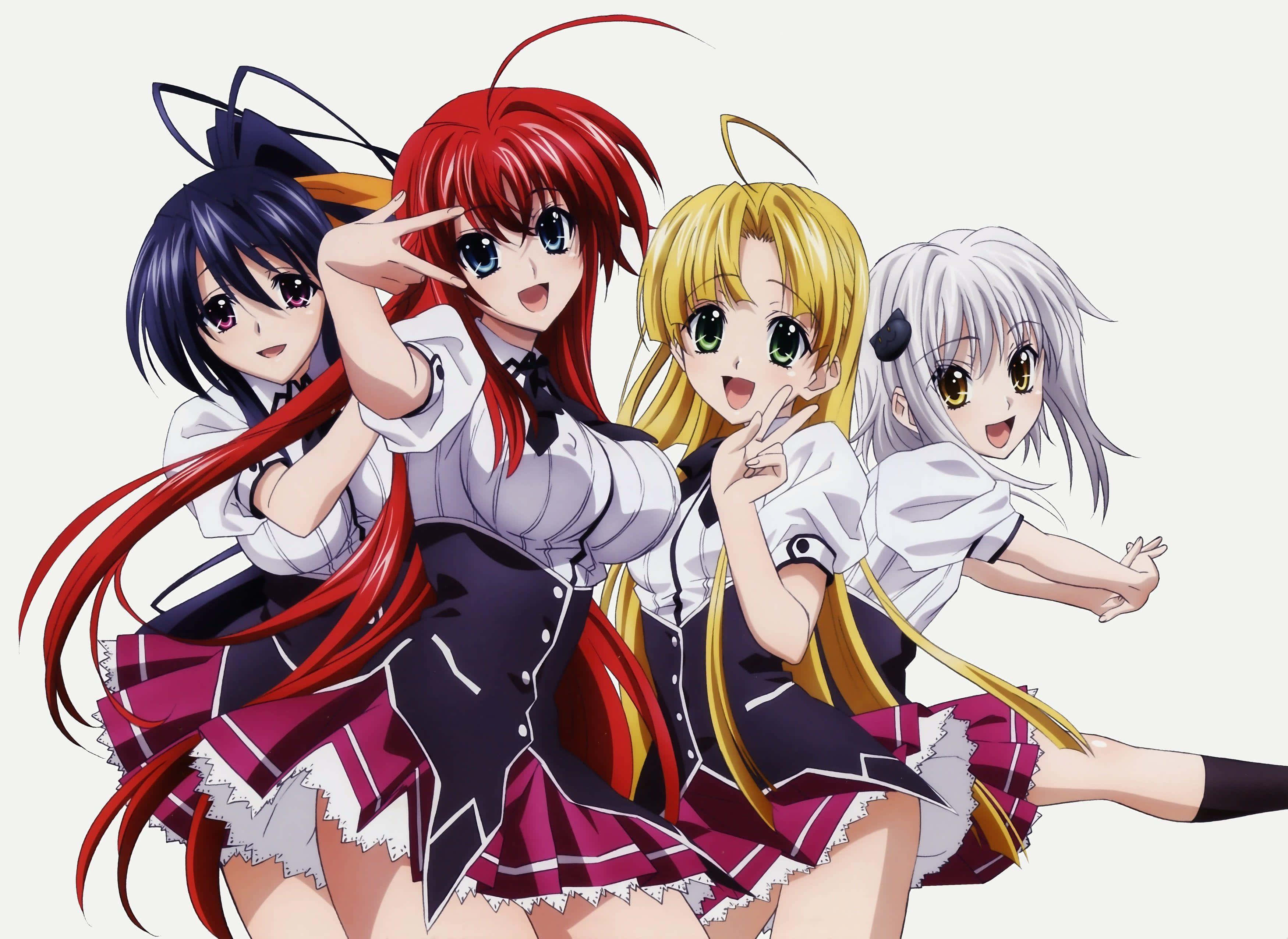 Rias Gremory 桌布 壁紙 — 四個穿著校服嘅開心動畫女仔喺純色背景前擺出有趣姿勢。