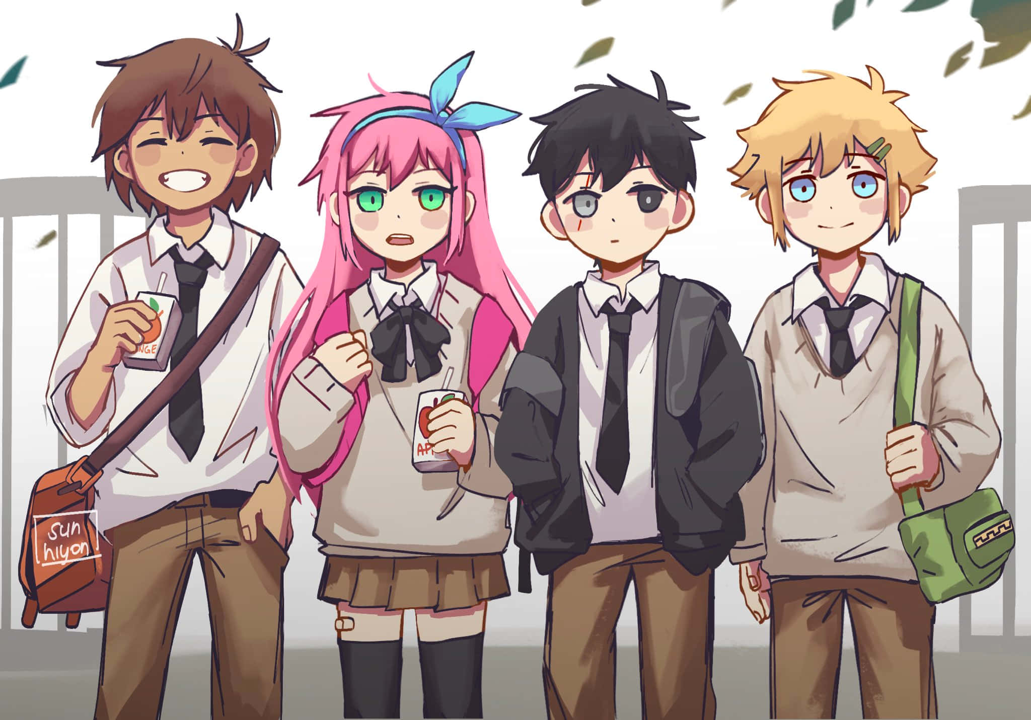 Omori 桌布 壁紙 — 四個穿著校服的動漫學生一起站在落下的秋葉下拿著飲料。