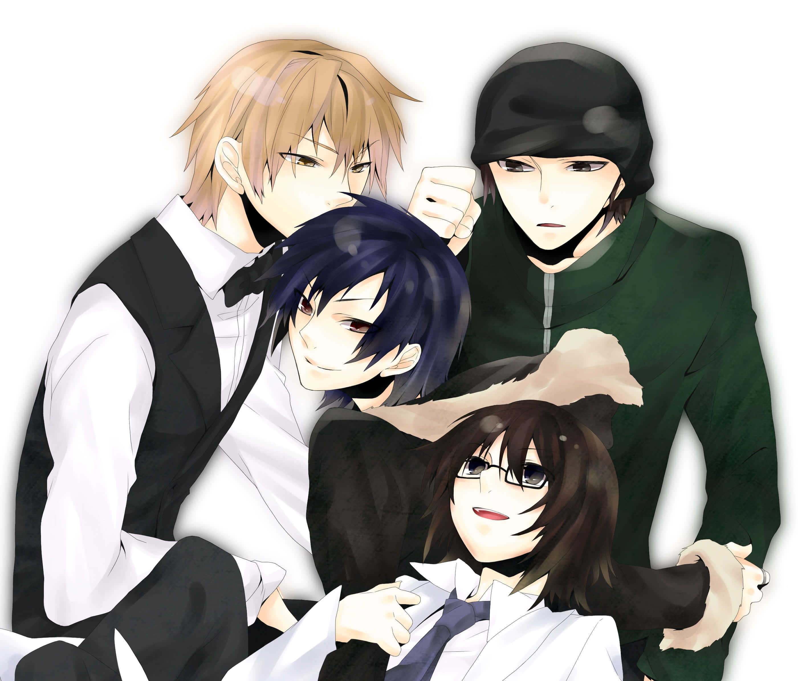 Shinra Kishitani 桌布 壁紙 — 四個穿著校服的動漫角色在純白色背景前緊密地擺姿勢，表情豐富。