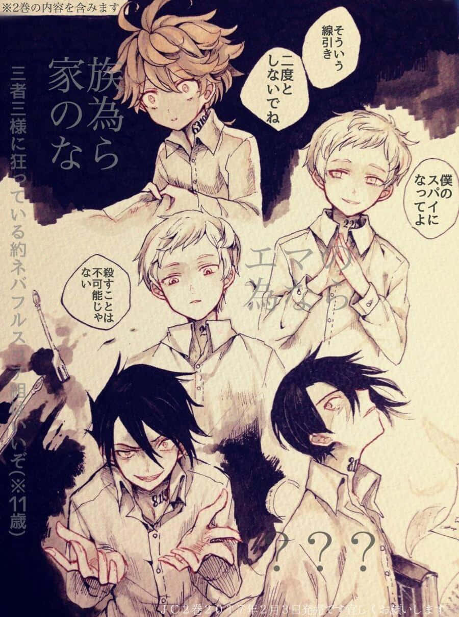 The Promised Neverland Ray 桌布 壁紙 — 四個穿著校服的動畫男孩，表情豐富，帶有日語文字氣泡，背景為深色紋理。