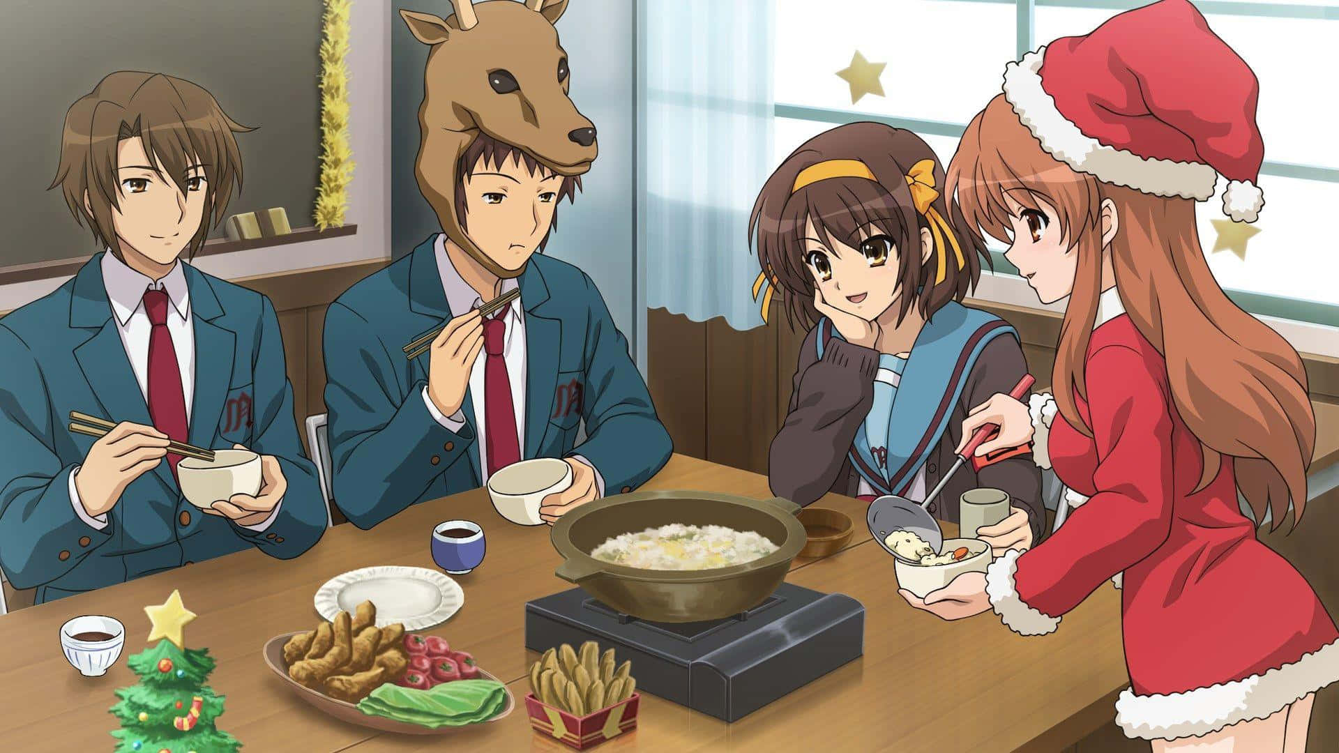 Haruhi Suzumiya 桌布 壁紙 — 四個穿著校服的動畫青少年與一個鹿頭男孩和一個戴聖誕帽的女孩一起分享節日火鍋。