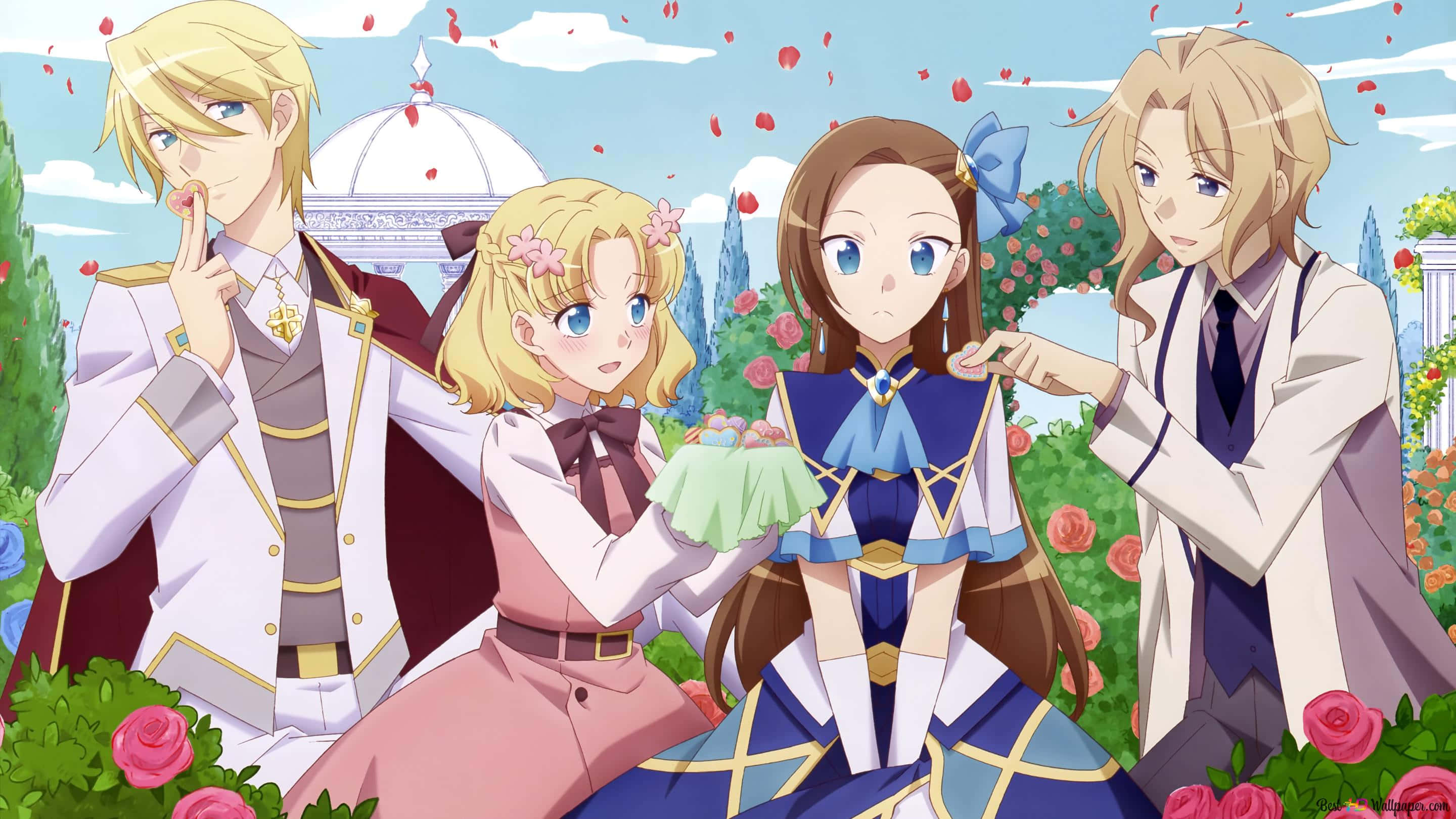 My Next Life As A Villainess All Routes Lead To Doom 桌布 壁紙 — 四個穿著正式服裝的動漫角色在藍天下、花瓣飄落的玫瑰園中聚集。