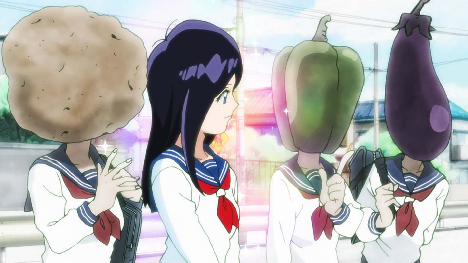 Tsubomi Takane 桌布 壁紙 — 四個穿著水手服、頭部為蔬菜的動畫女孩一起站在明亮的郊區街道場景中。