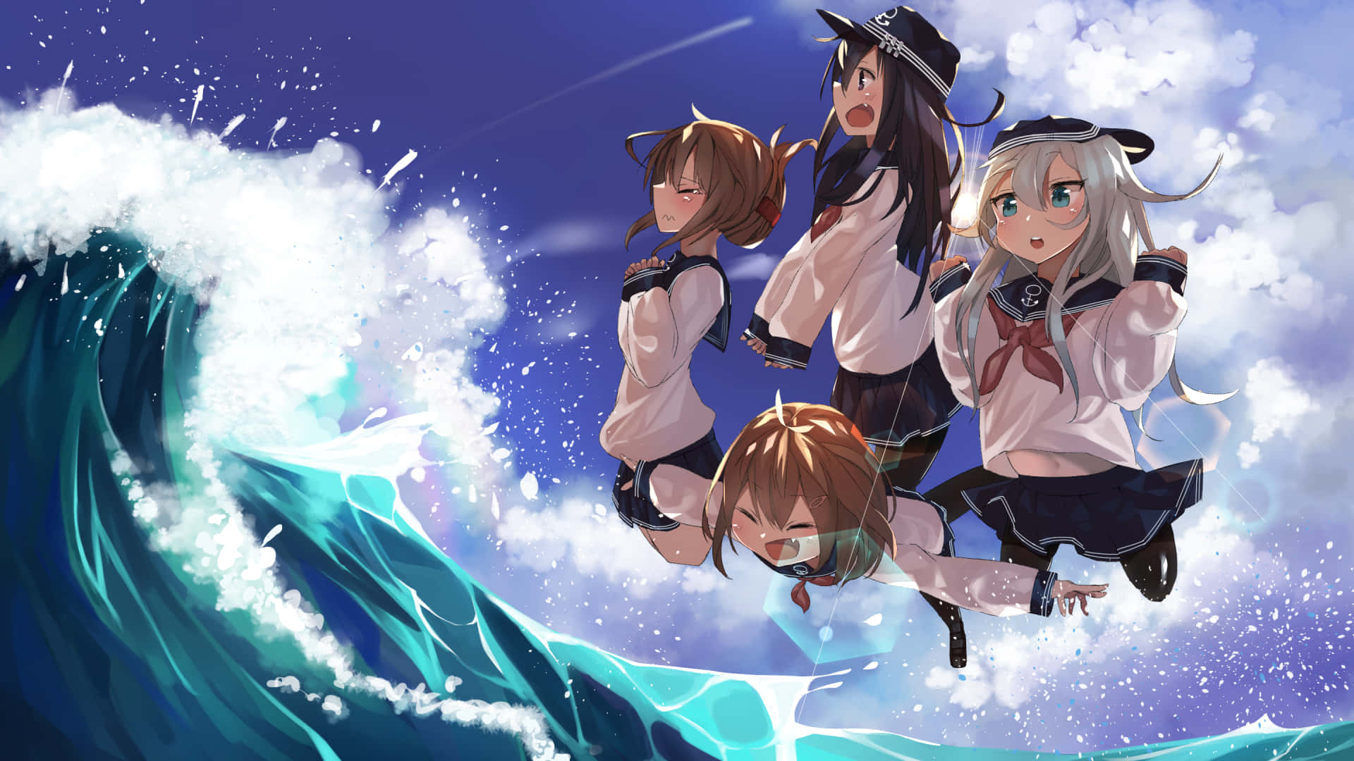 Kantai Collection 桌布 壁紙 — 四個穿著水手服嘅動畫女仔喺多雲嘅天空下漂浮喺巨大嘅海浪之中。