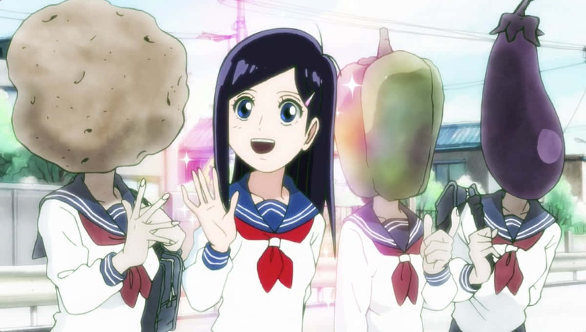 Tsubomi Takane 桌布 壁紙 — 四個穿著水手服嘅動畫女孩，戴住包括薯仔、翠玉瓜同茄子嘅蔬菜頭，開心咁揮手。
