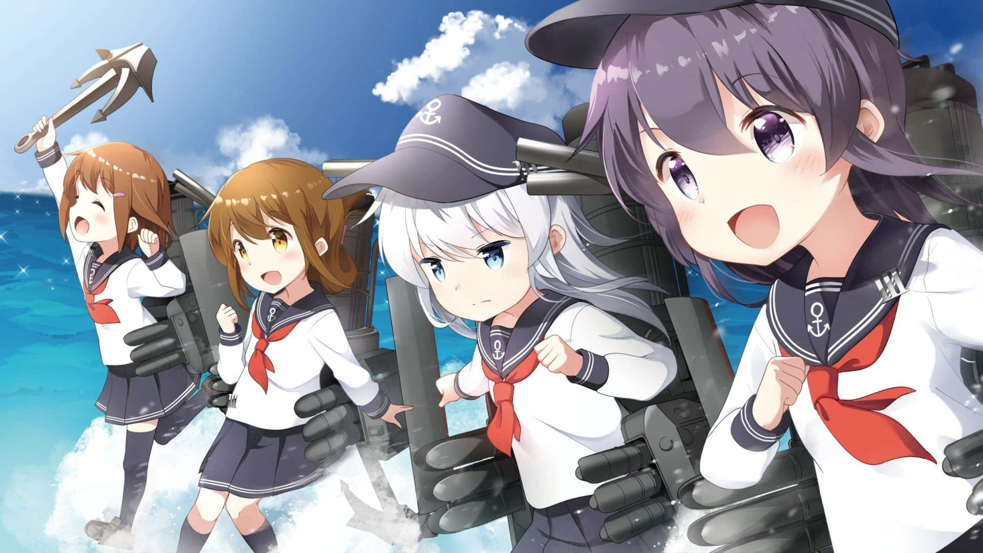 Kancolle 桌布 壁紙 — 四個穿著水手服的動漫女孩站在軍艦甲板上，背景是藍天白雲。