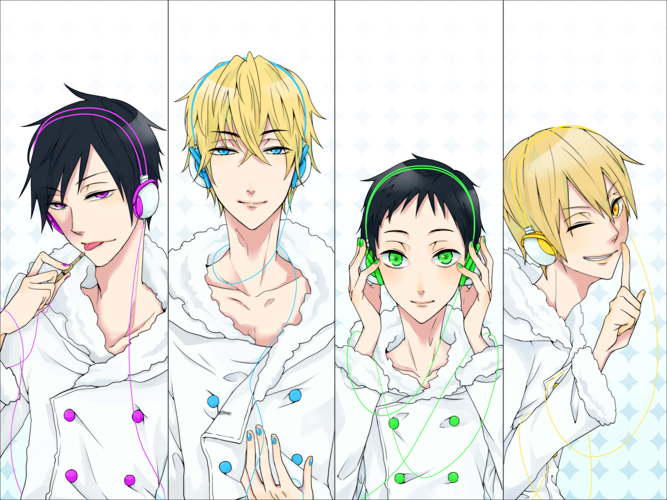 Mikado Ryuugamine 桌布 壁紙 — 四個穿著白色外套的動畫男孩戴著色彩繽紛的耳機，在淺藍色圖案背景前擺出俏皮的表情。