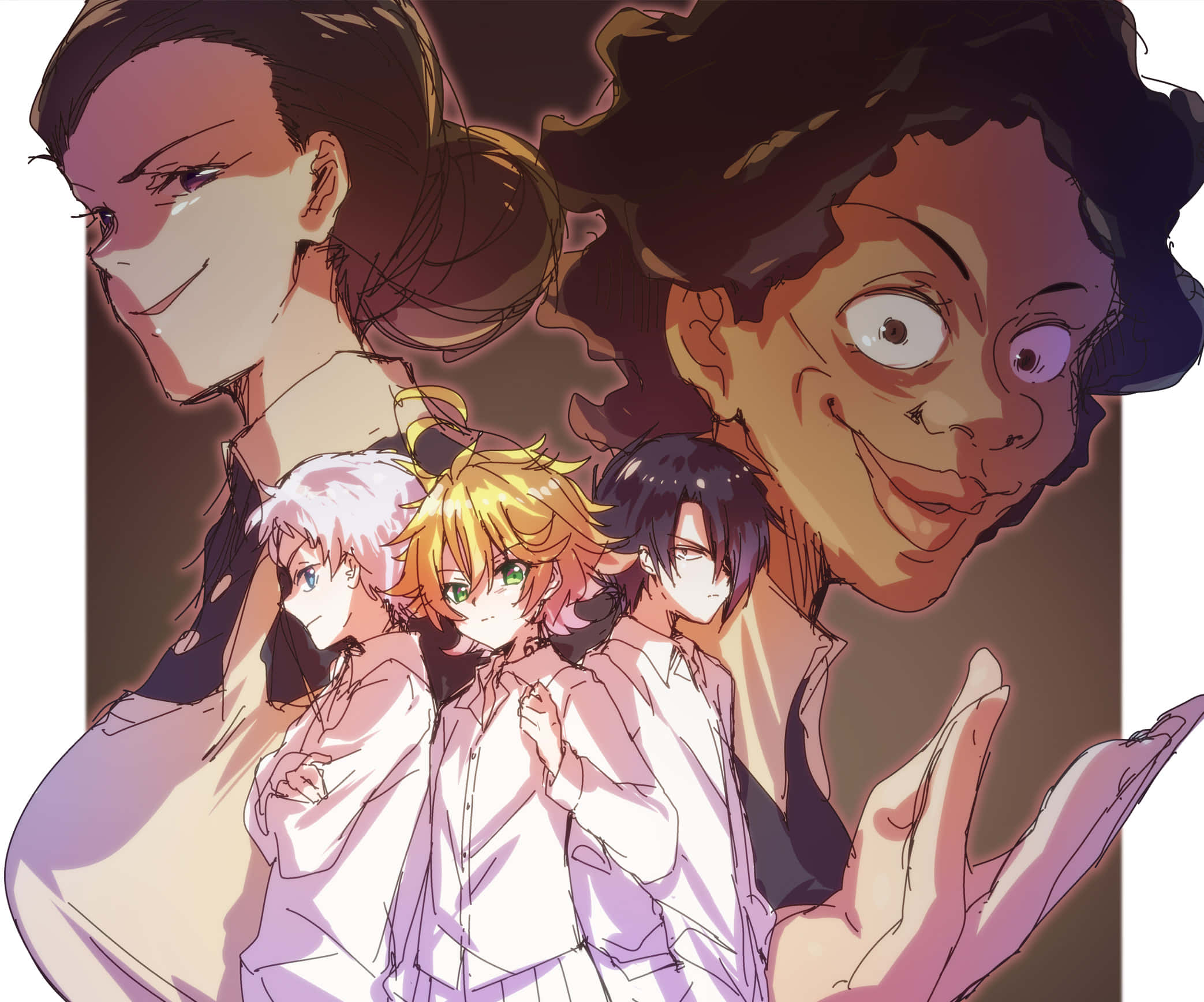 The Promised Neverland Krone 桌布 壁紙 — 四個穿著白襯衫的動漫角色站在兩個較大的表情豐富的臉孔前，呈現風格化插圖。