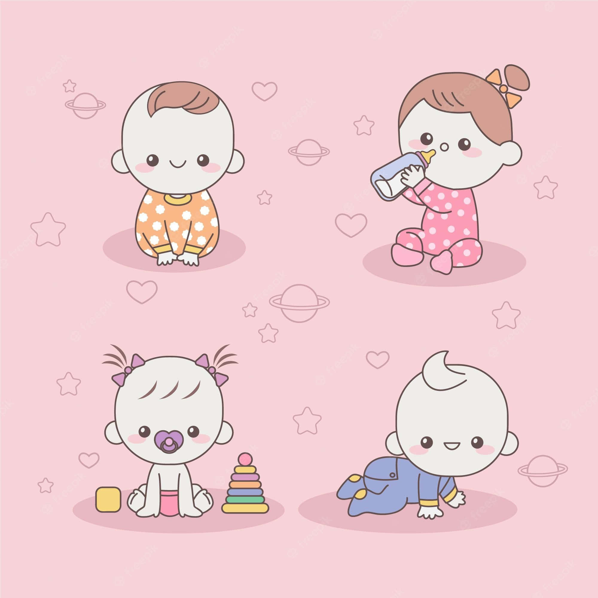 Kawaii Japanese 桌布 壁紙 — 四個穿著睡衣的可愛卡通嬰兒在粉紅色背景上玩玩具和奶瓶，背景有星星和心形。