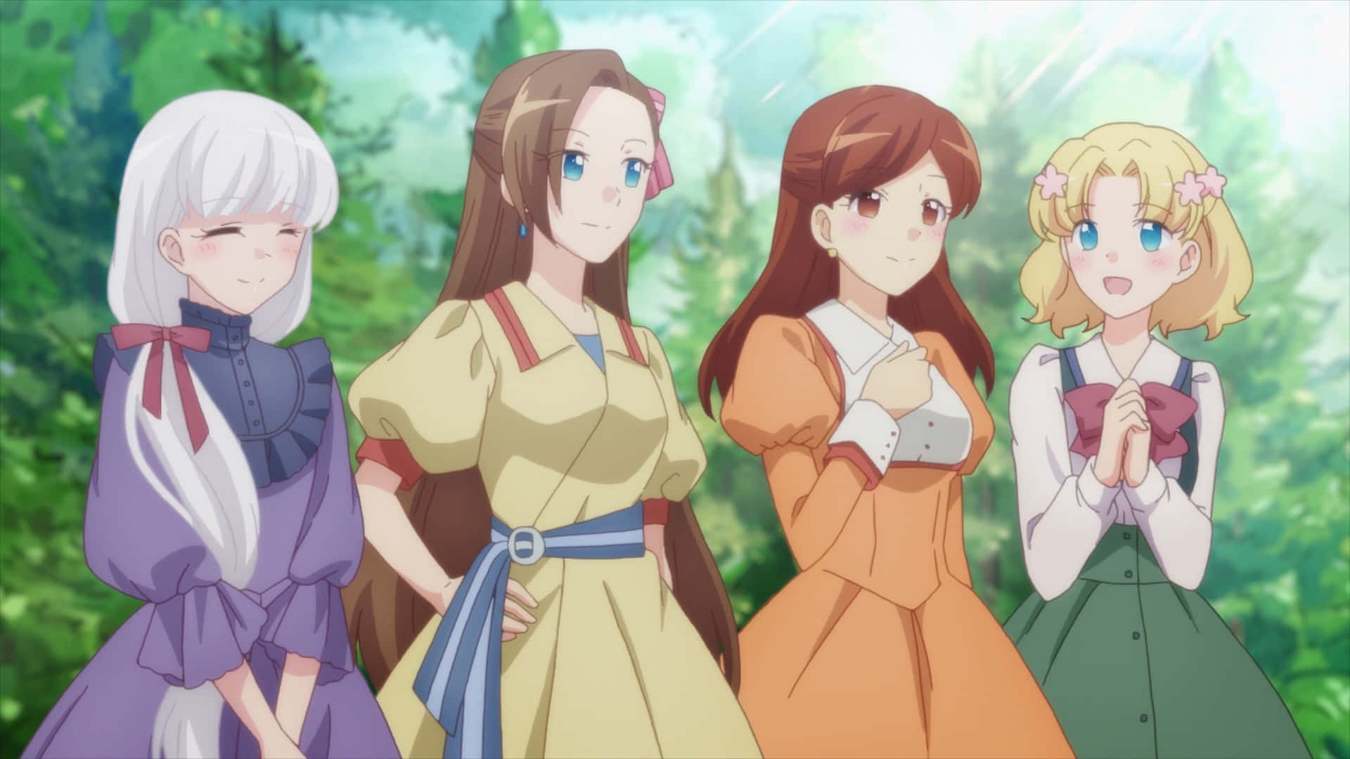 My Next Life As A Villainess All Routes Lead To Doom 桌布 壁紙 — 四個穿著色彩繽紛連衣裙的動漫女孩，站在陽光普照、綠葉茂盛的森林中。