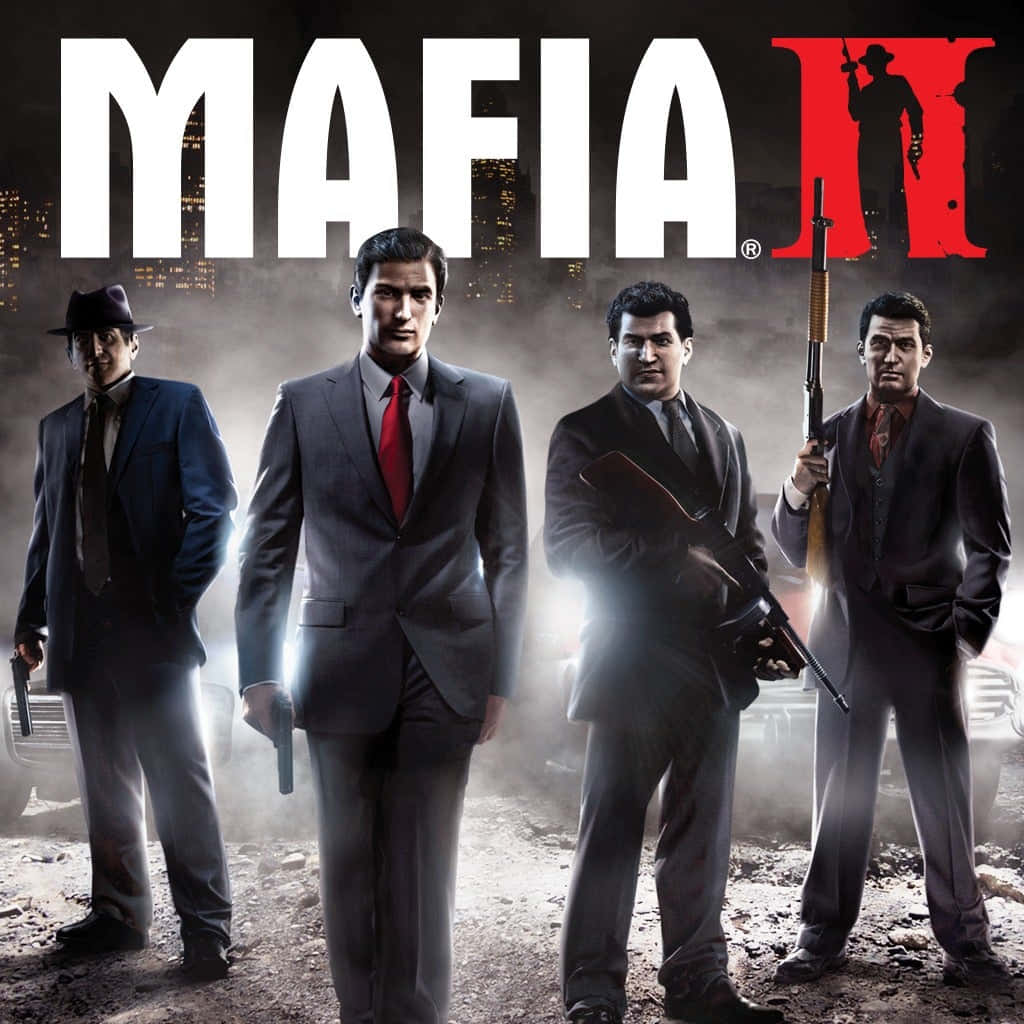 Mafia 桌布 壁紙 — 四個穿著西裝的男人站在煙霧瀰漫的城市夜景中，在戲劇性的燈光下手持武器。