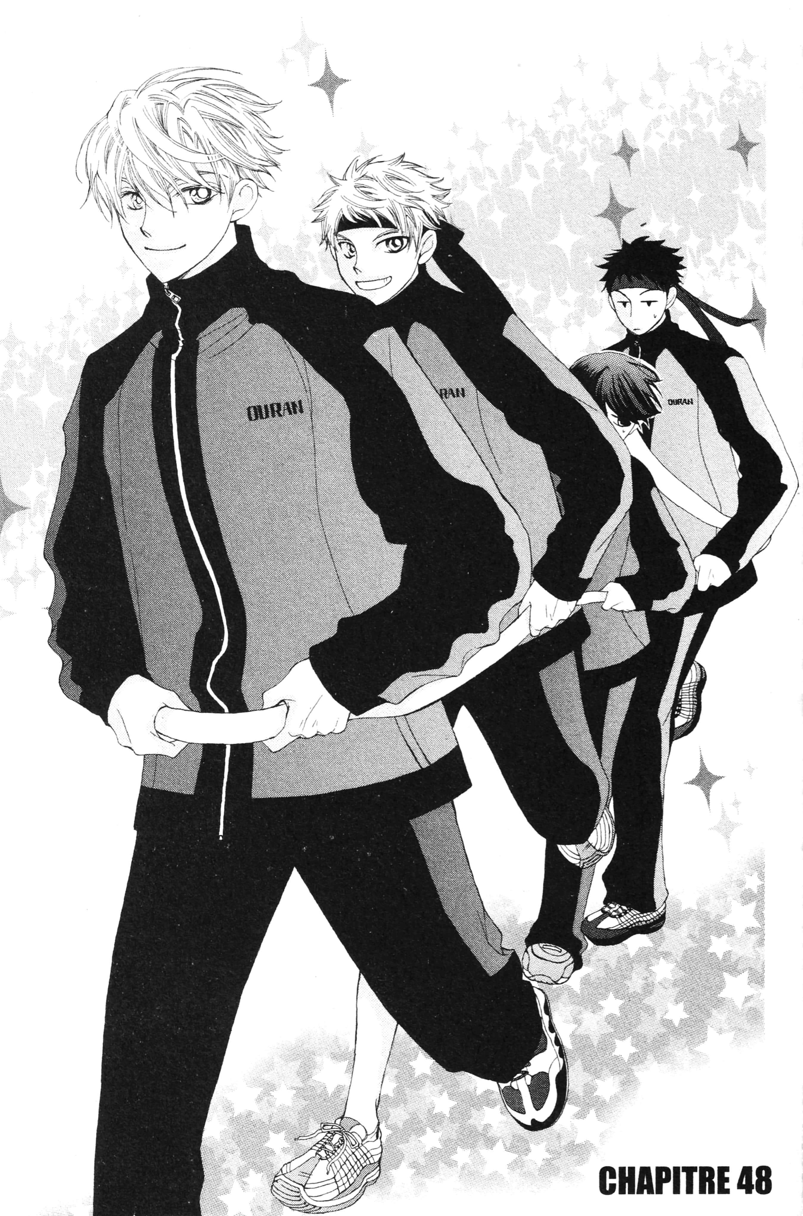 Takashi Morinozuka 桌布 壁紙 — 四個穿著配套運動外套的動漫男孩，在閃爍的背景中自信微笑地向前邁進。