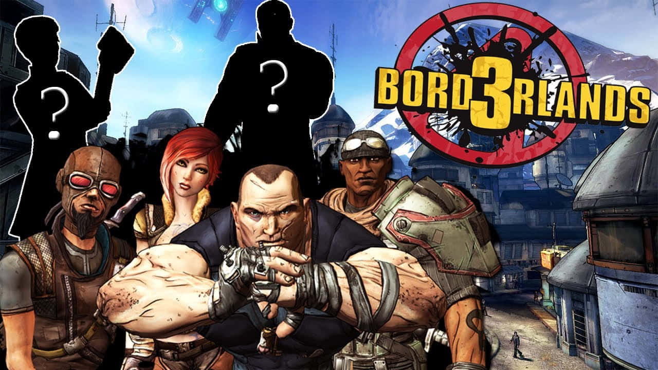 Borderlands Characters 桌布 壁紙 — 四個粗獷嘅僱傭兵企喺科幻荒原上，頭頂有個醒目嘅Borderlands標誌。