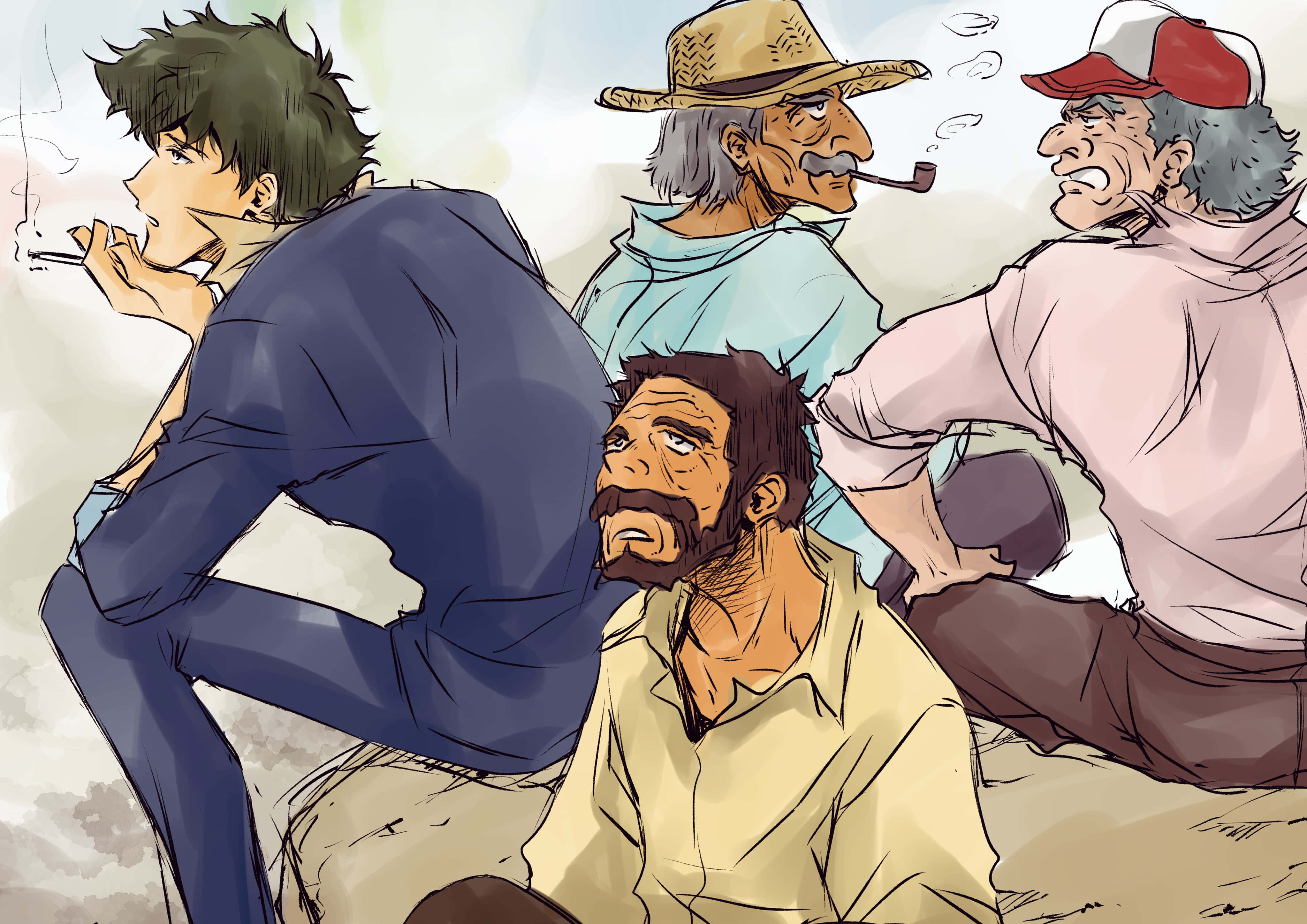 Cowboy Bebop Antonio 桌布 壁紙 — 四個粗獷嘅男人喺一個塵土飛揚嘅環境入面，一個喺度食煙，另一個揸住煙斗，個個表情都好強烈。