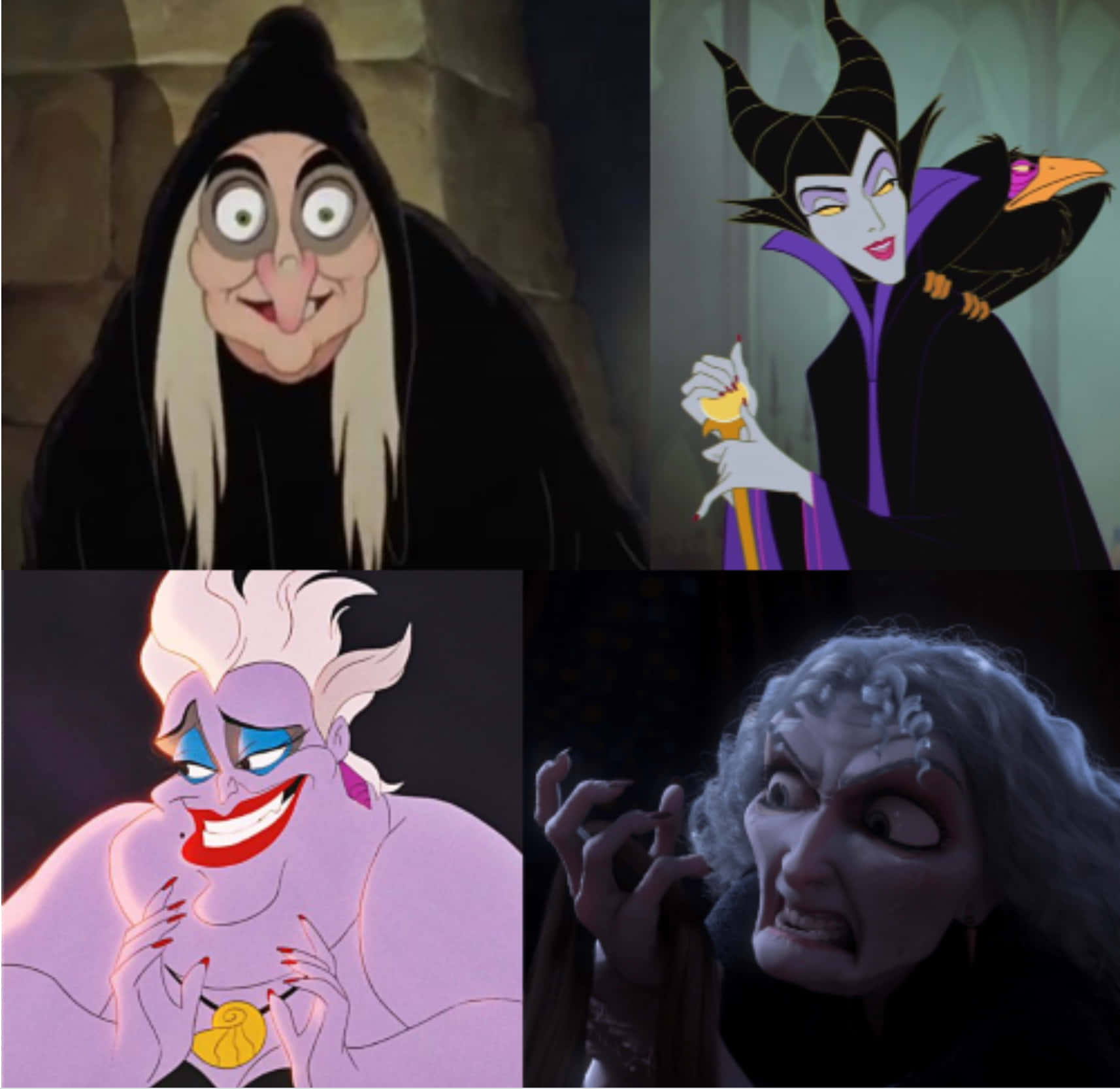 Evil Witch 桌布 壁紙 — 四個經典迪士尼反派角色的動畫特寫：一個大眼女巫、一個帶着烏鴉的角女巫、一個紫色海女巫，以及一個頭髮凌亂的蒼白女巫。