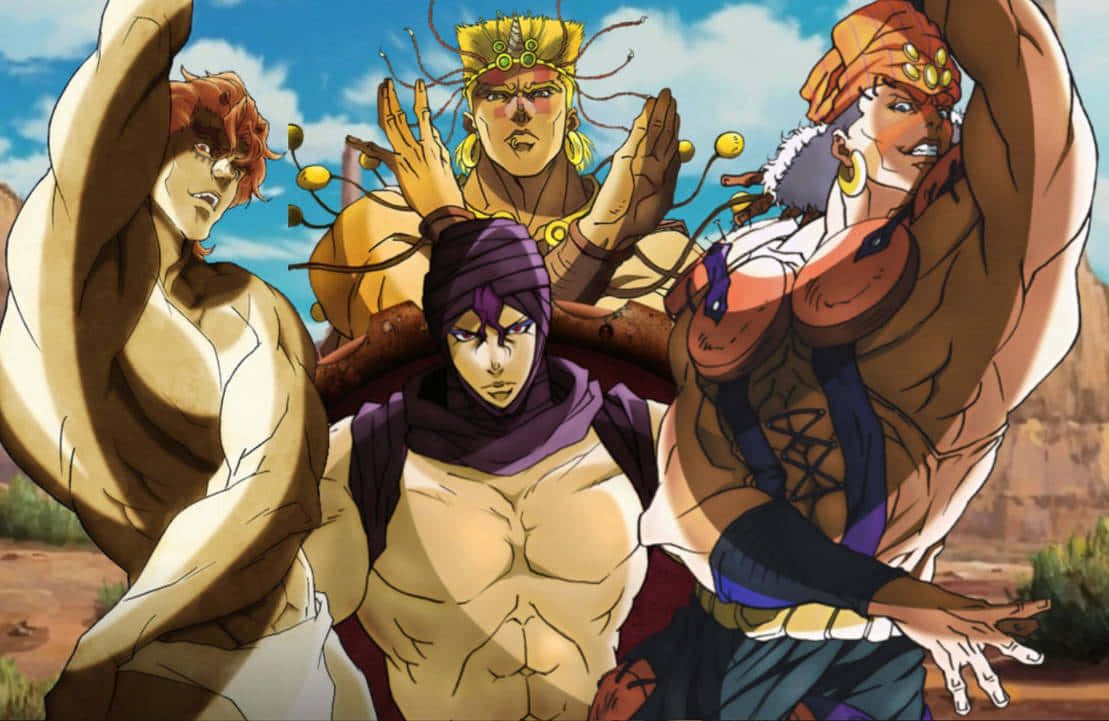 Pillar Men 桌布 壁紙 — 四個肌肉發達的動漫角色，戴著不同的頭飾和姿勢，站在沙漠中，天空湛藍。
