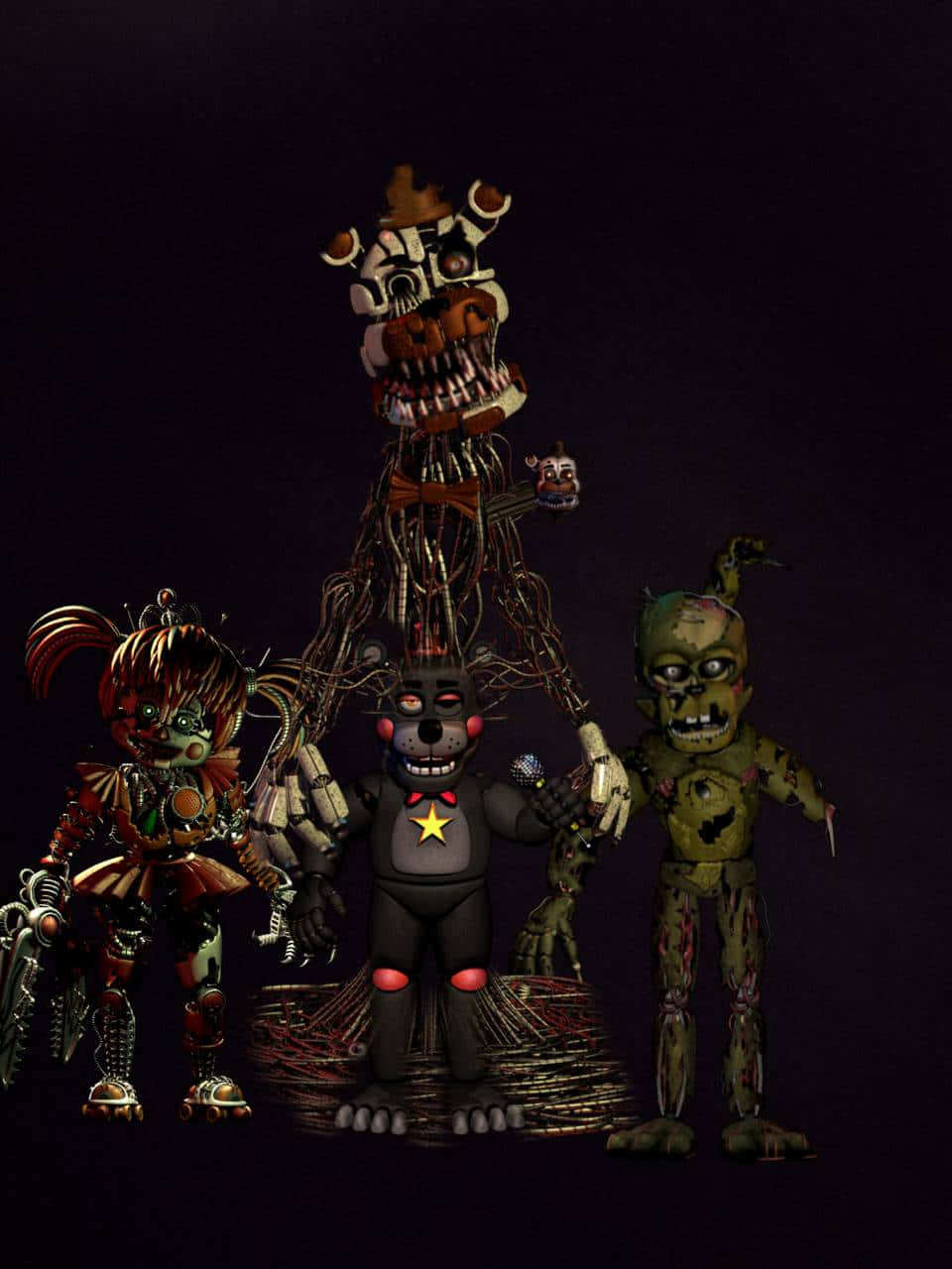 Scraptrap 桌布 壁紙 — 四個腐朽的電子動畫角色在黑暗背景下，露出電線和破碎的臉，威嚇地站立。