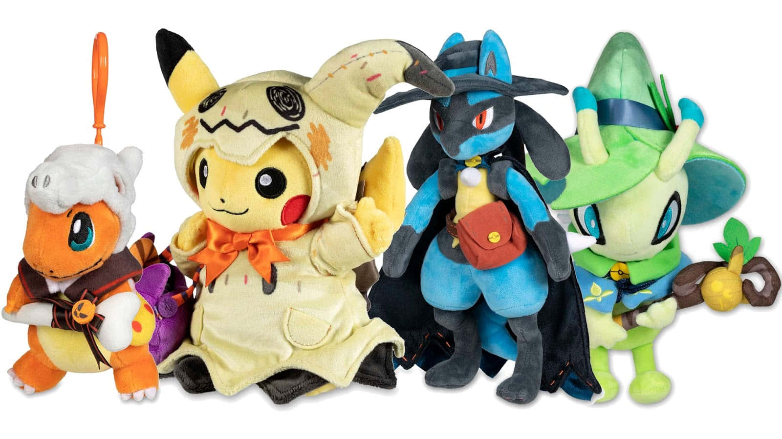 Pokemon Toys 桌布 壁紙 — 四個色彩繽紛嘅比卡超毛公仔着住主題服裝，喺純白背景前擺甫士。