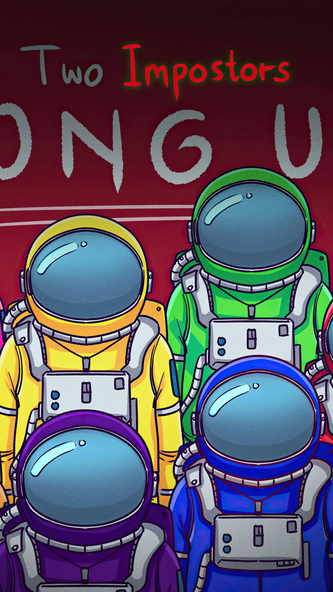 Among US 桌布 壁紙 — 四個色彩繽紛的卡通太空人，身穿黃色、綠色、藍色和紫色太空衣，站在一面紅色牆前，牆上方有「Two Impostors」字樣。