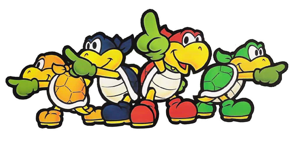 Koopa Troopa 桌布 壁紙 — 四個色彩繽紛的卡通龜角色，以粗線條和鮮豔色彩展現動態姿勢。