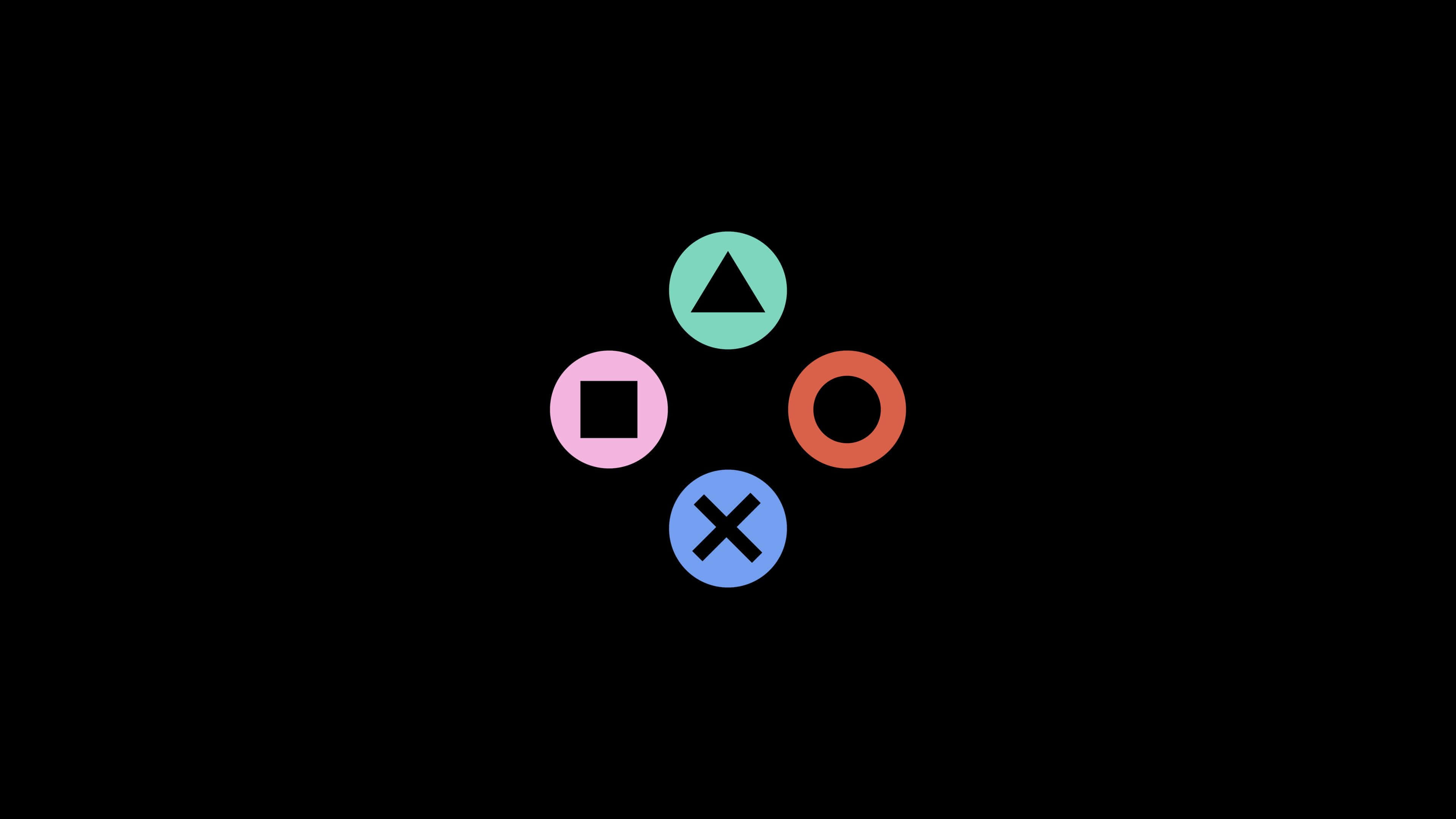 4K Gaming Consoles 桌布 壁紙 — 四個色彩繽紛的幾何形狀三角形、正方形、圓形和十字在黑色背景上柔和發光。