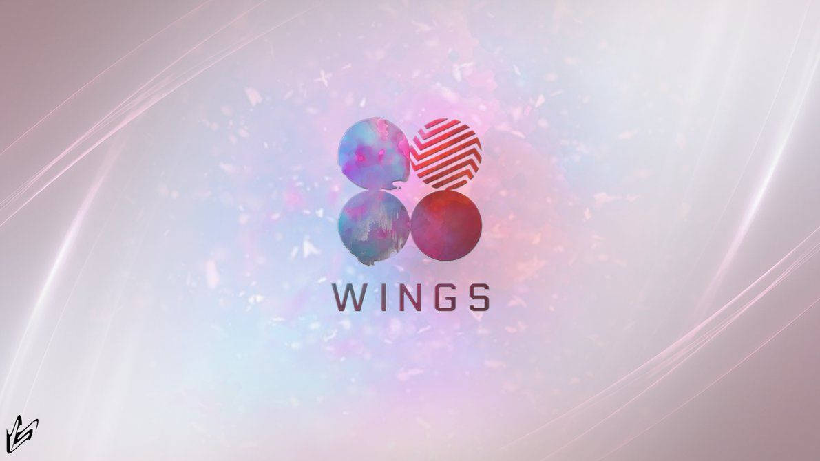 BTS - Wings Logo 壁紙 — 四個色彩繽紛的球體排列成翅膀形狀，漂浮在發光的宇宙背景中，帶有光線條紋和漂浮粒子。