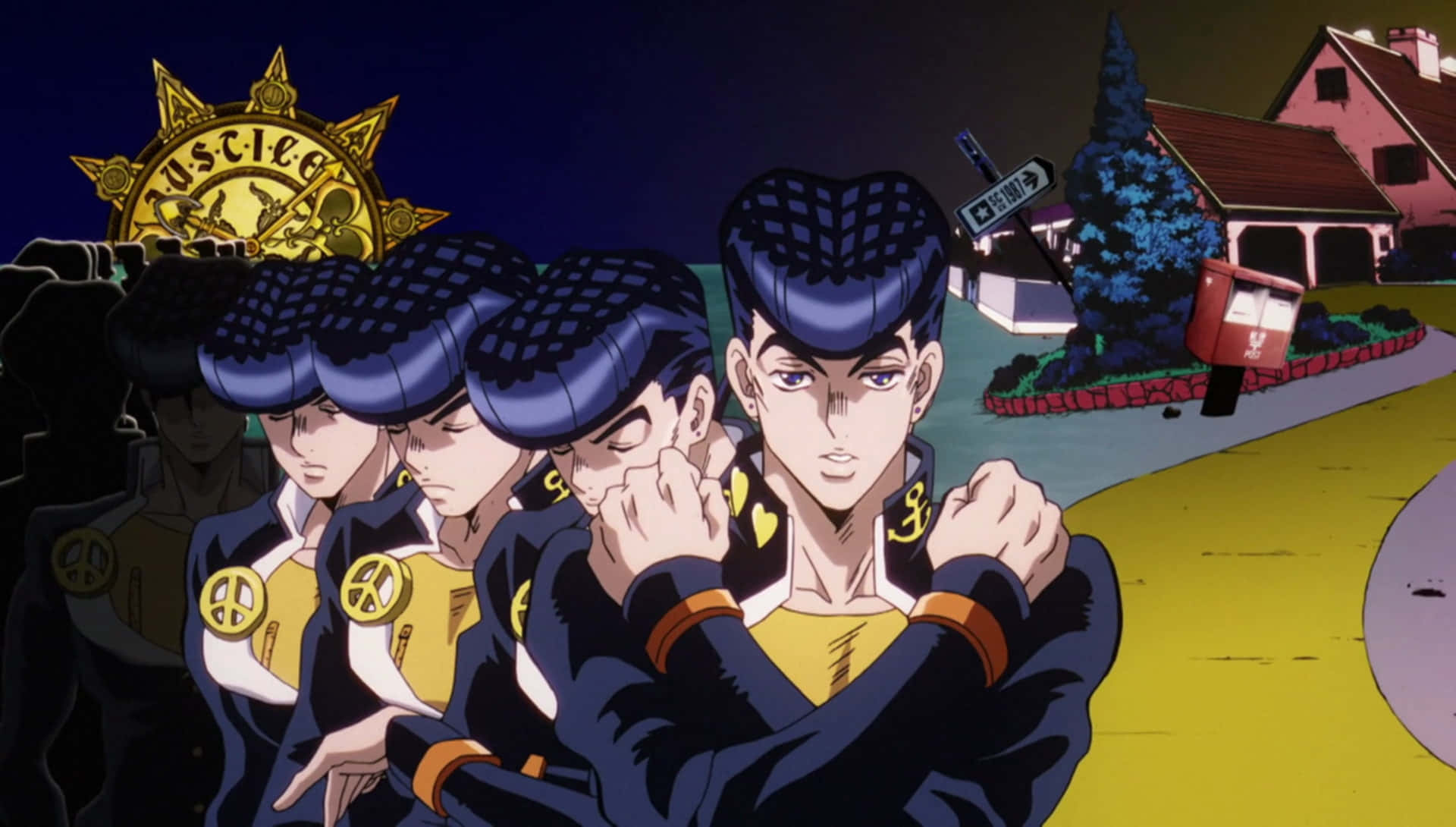 Josuke Higashikata 桌布 壁紙 — 四個藍色頭髮、帶黃色徽章的動漫角色，站在郊區街道上，上方是帶有金色太陽標誌的黑暗天空。