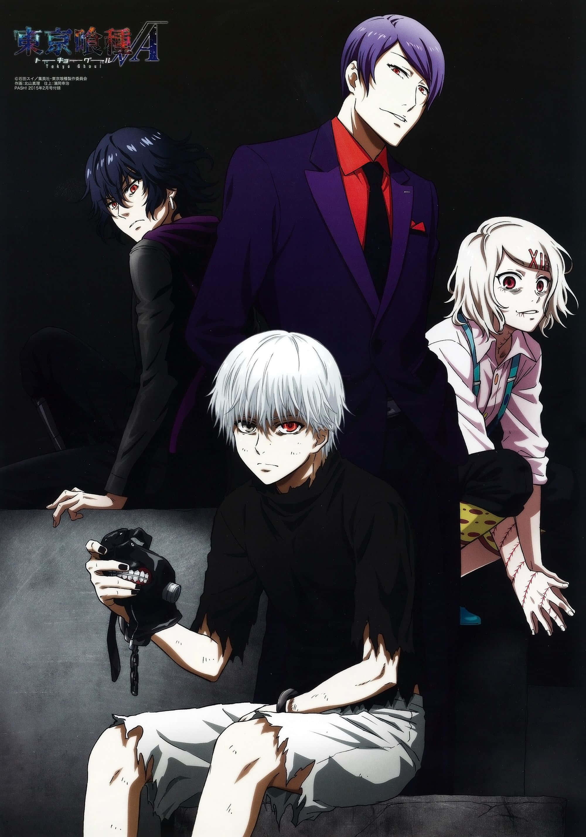 Ayato Kirishima 桌布 壁紙 — 四個表情強烈的動漫角色在黑暗背景下戲劇性地擺姿勢，其中一個拿著相機。