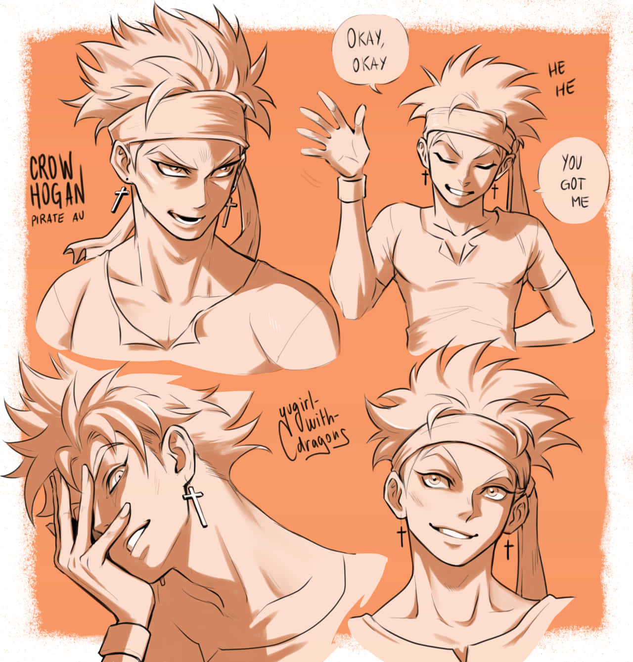 Crow Hogan 桌布 壁紙 — 四個表情豐富的動漫風格肖像，描繪一個帶有十字耳環的刺蝟頭海盜角色，背景為溫暖的橙色。