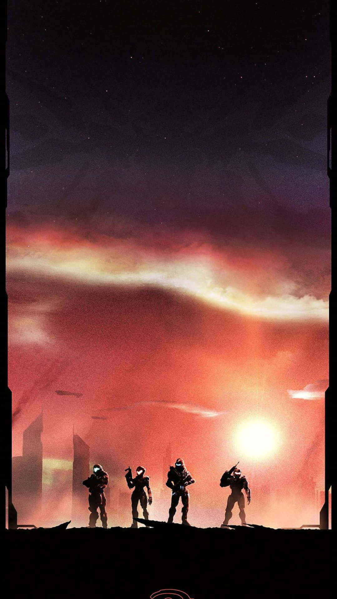 Fireteam Osiris 桌布 壁紙 — 四個裝甲人物在星空下，以廢墟城市景觀上熾熱的外星日落為背景，形成剪影。