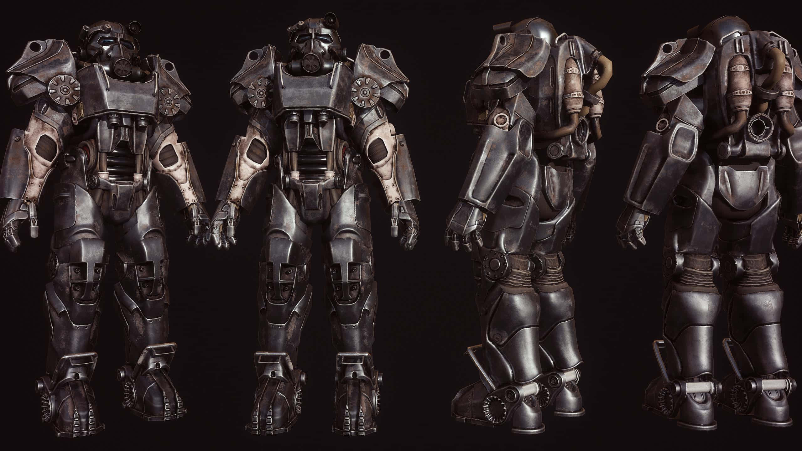Fallout 4 Power Armor 桌布 壁紙 — 四個角度展示一件精細的金屬動力裝甲服，背景為黑色。