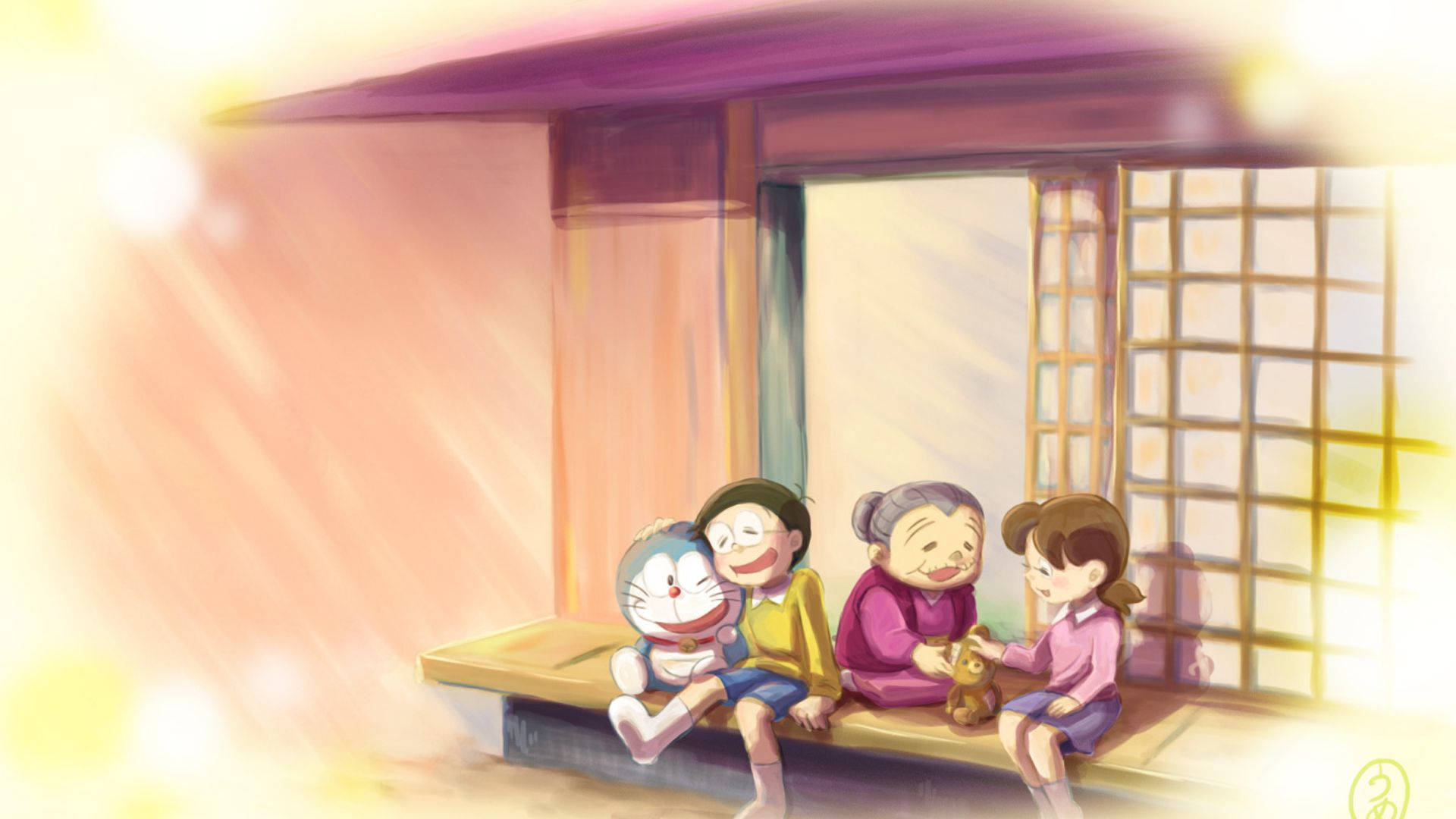 nobita 桌布 壁紙 — 四個角色包括多啦A夢一起坐在一個溫暖照明的傳統日式房間內的木凳上，陽光透過障子門照射進來。