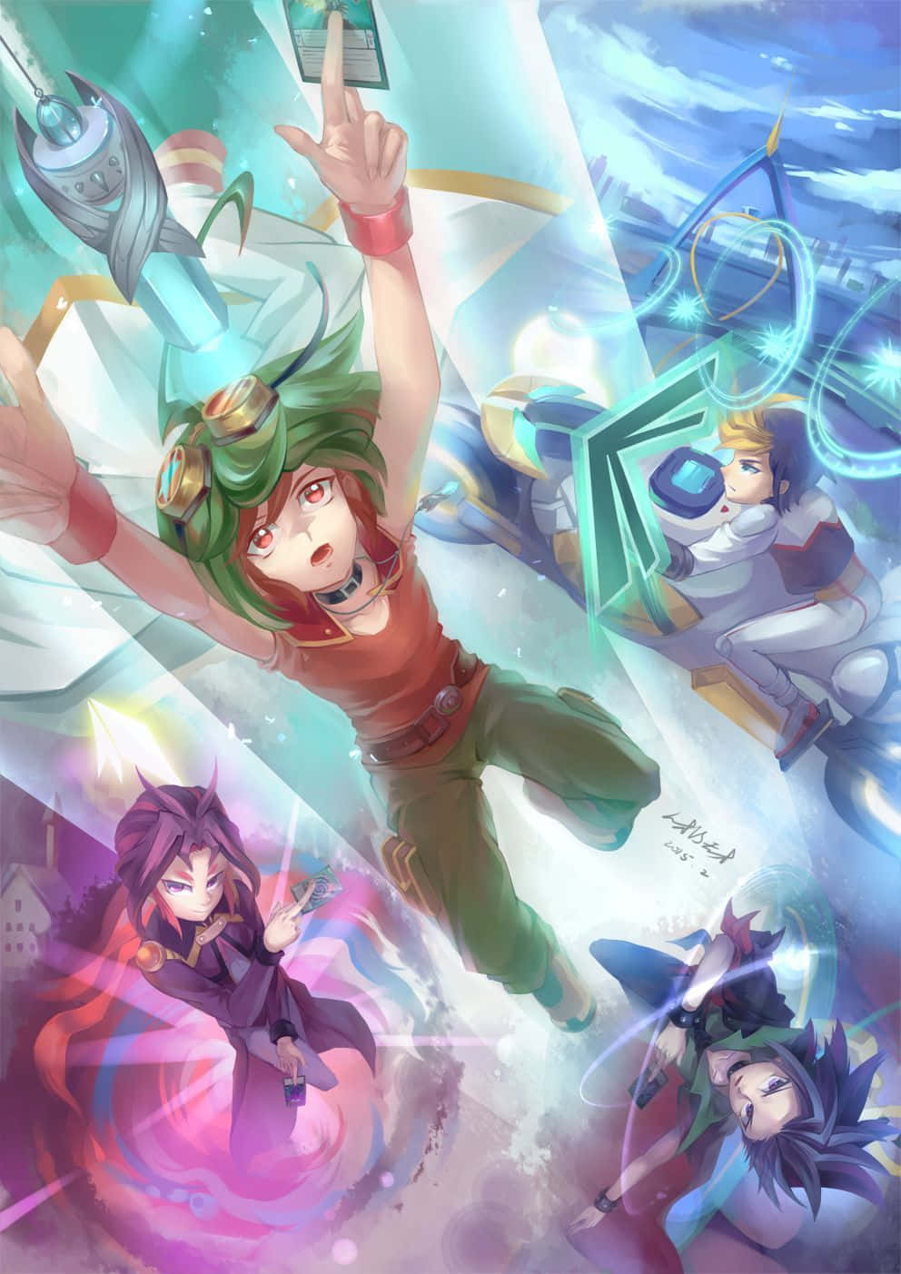 Yuya Sakaki 桌布 壁紙 — 四個角色在空中戰鬥中使用發光魔法武器和能量效果的動態動漫插圖。