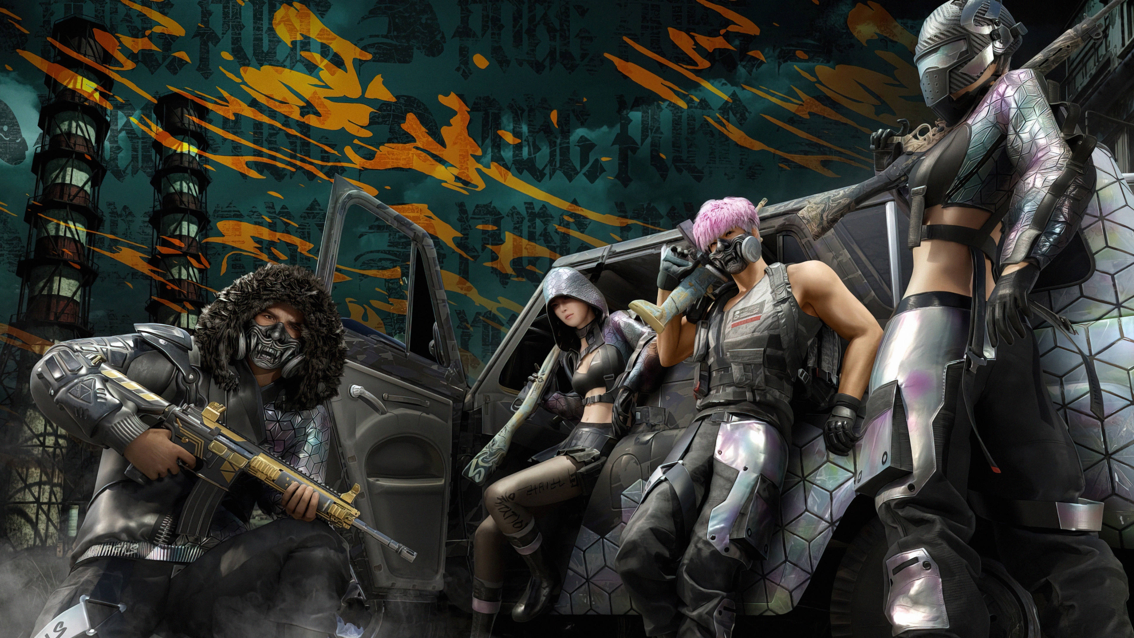 PUBG 桌布 壁紙 — 四個賽博朋克風格的武裝角色在一輛受損車輛周圍戲劇性地擺姿勢，背景是塗鴉覆蓋的工業環境。