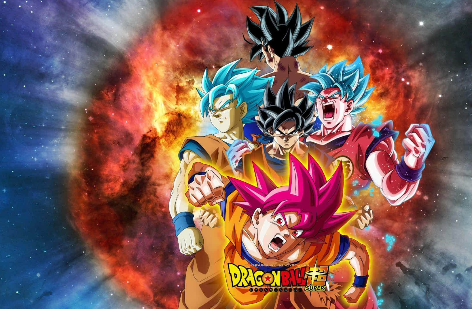 Saiyan Race 桌布 壁紙 — 四個超級撒亞人角色在熾熱的宇宙星雲背景下咆哮著力量。