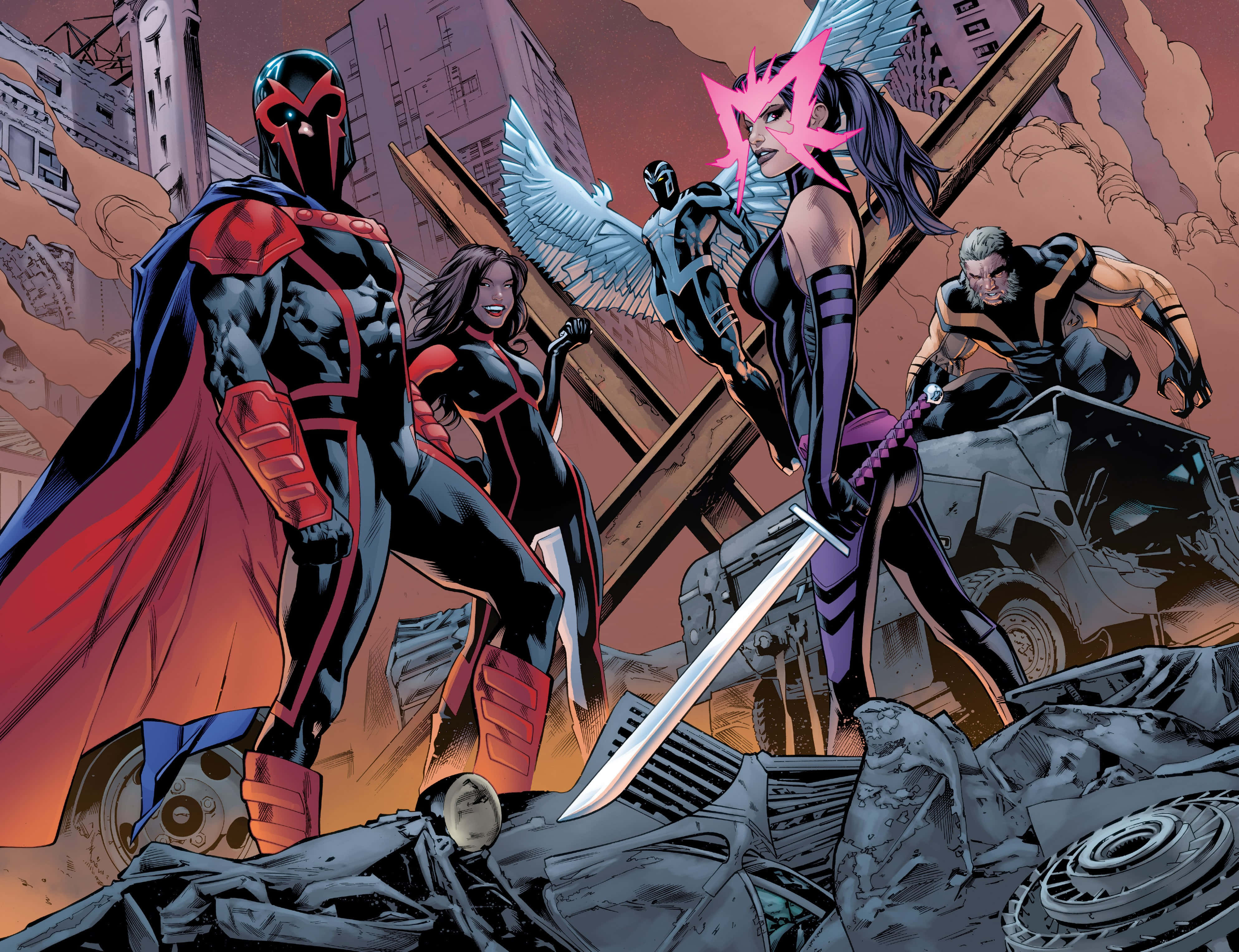Uncanny X-Men Volume 1 壁紙 — 四個超級英雄角色在火紅的天空下，在廢墟和殘骸中挑釁地站立於被毀的城市景觀中。