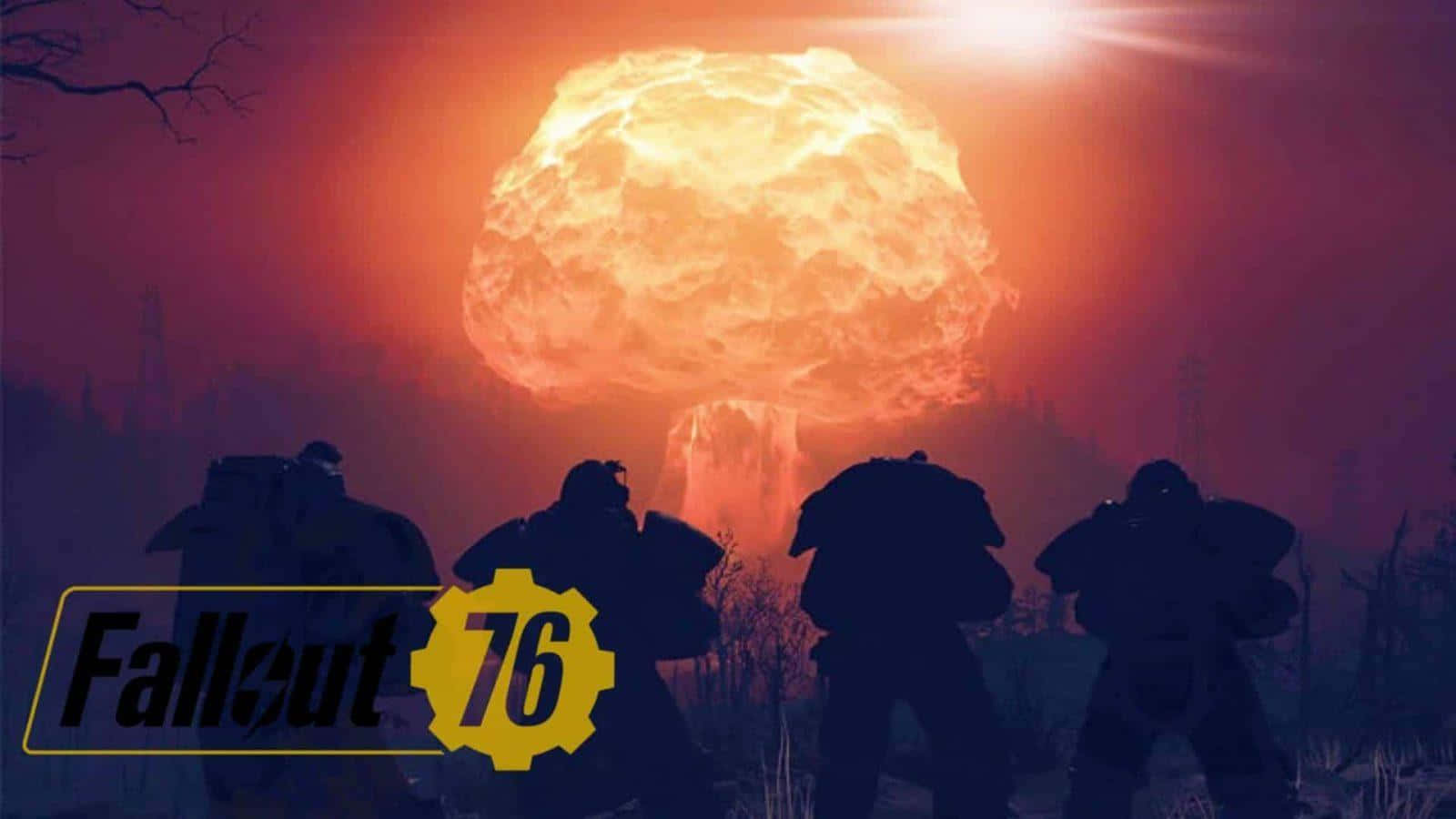 Fallout Nuke 桌布 壁紙 — 四個身穿動力裝甲的剪影人物站在巨大的橙色蘑菇雲前，蘑菇雲在紫色天空下發光。