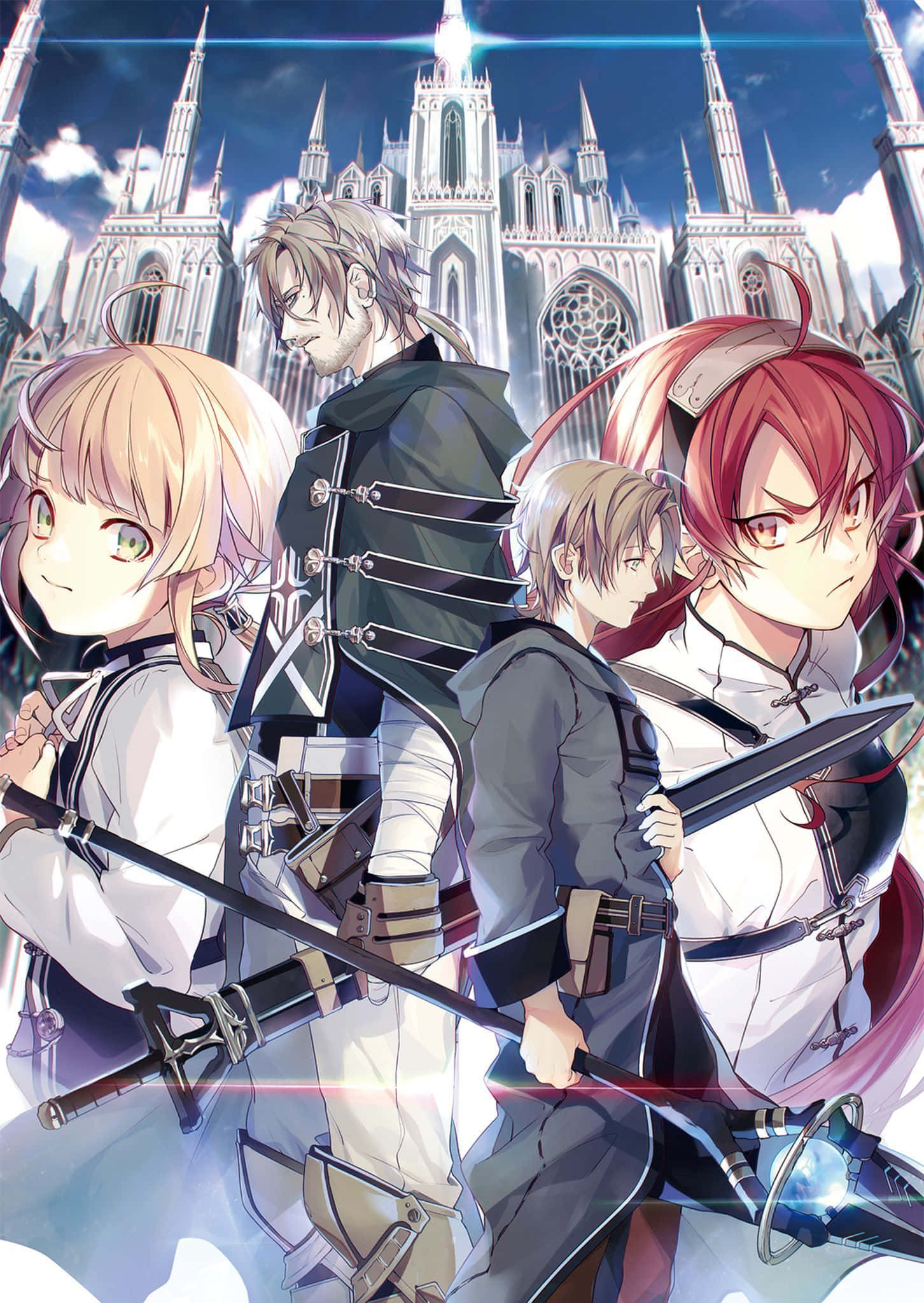 Mushoku Tensei 桌布 壁紙 — 四個身穿奇幻盔甲的動漫角色站在一座高聳的哥德式大教堂前，背景是明亮的藍天。