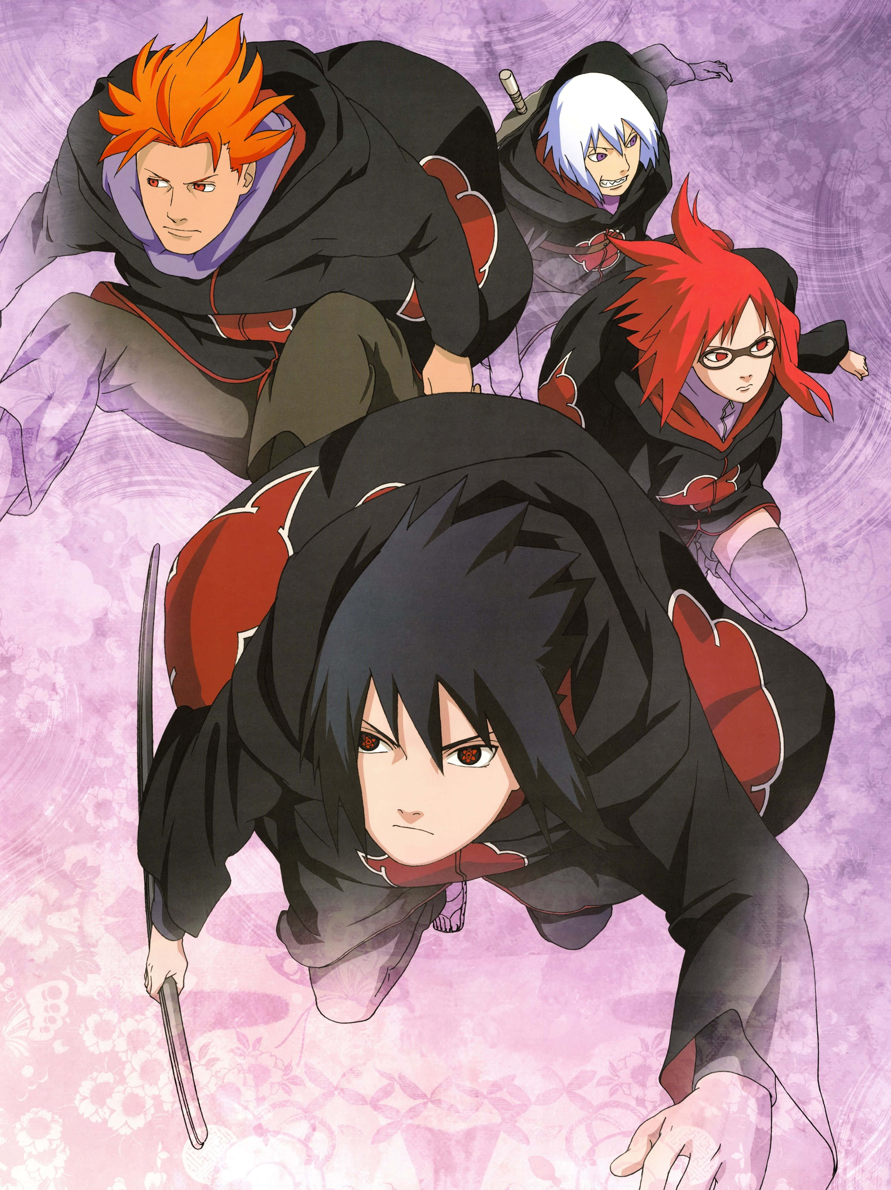 Team Taka Naruto 桌布 壁紙 — 四個身穿帶有紅雲的黑色斗篷的動漫角色，在旋轉的紫色和粉紅色背景上動態跳躍。