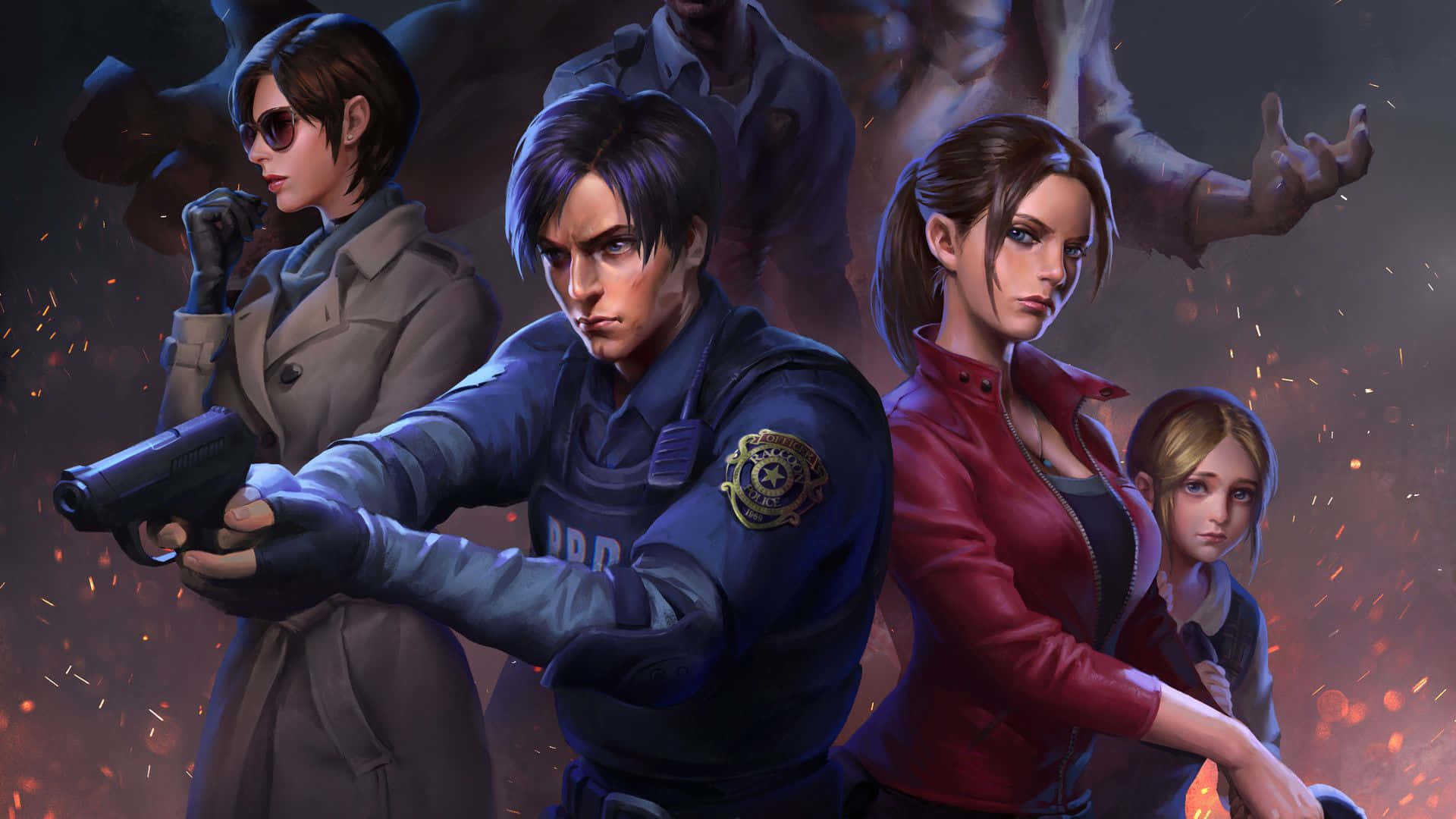 Resident Evil Characters 桌布 壁紙 — 四個身穿戰術裝備、意志堅定的角色，在黑暗熾熱的背景中，手持武器準備就緒，身後有殭屍身影隱現。