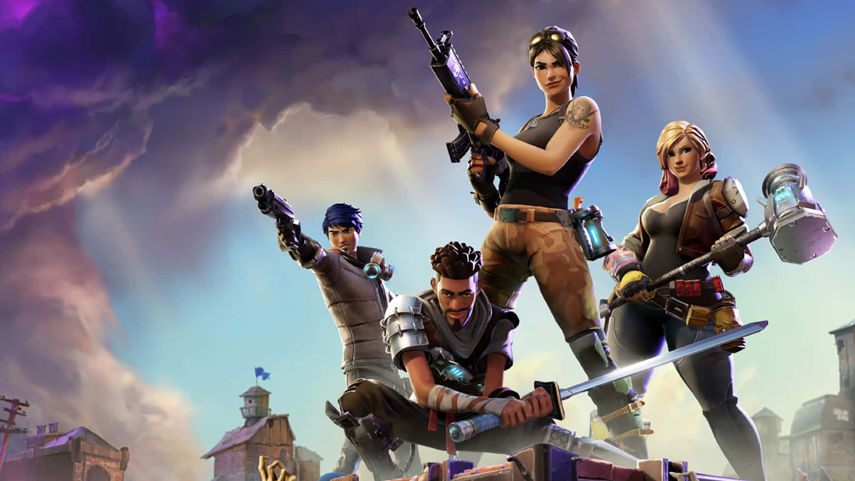 Action Game 桌布 壁紙 — 四個身穿戰鬥裝備的Fortnite角色，在暴風雨紫色天空下，英勇地站在一座廢墟建築物頂上。